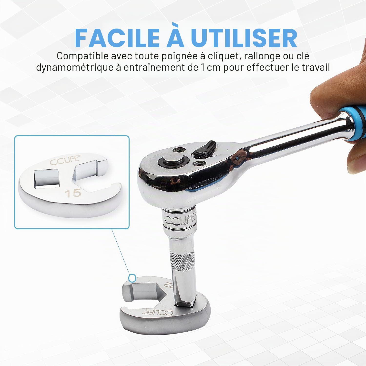 CCLIFE 10pcs Jeu de Clé à Tuyauter à Tête Pivotante 3/8' Clé à Fourche, Clé Polygonale Ouverte 6 Pans, Clé Crowfoot Taille de 10-22mm Matériau CR-V