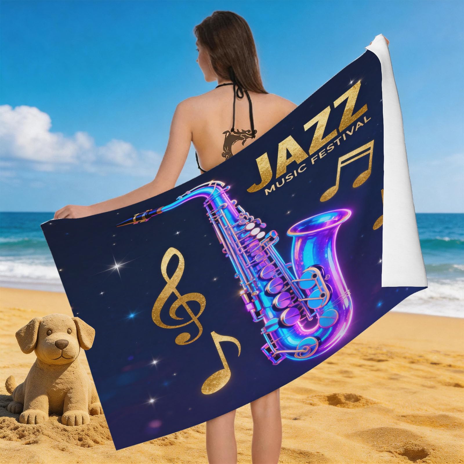 Leichong 3D Saxophone Beach Towel Microfiber Soft Quick Dry for Adults, Jazz Bath Towel Lightweight Soft Absorbent for Travel Swimming Pool Sports, 75 x 150 cm
