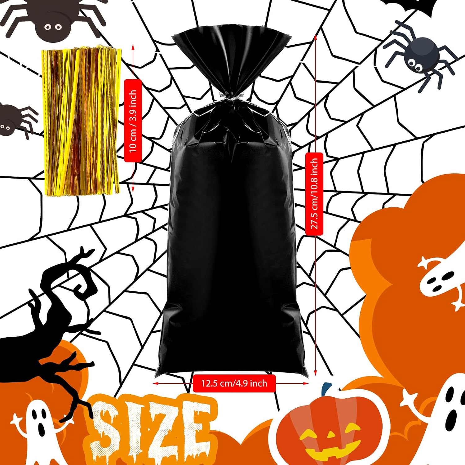 Clabby 100 Pcs Cellophane Bags Candy Plastic Gift Treat Party Favor Bags with Twist Ties for Fall Halloween Thanksgiving Christmas Birthday Goodie Cookie Snack Gift Wrapping Supplies(Black)