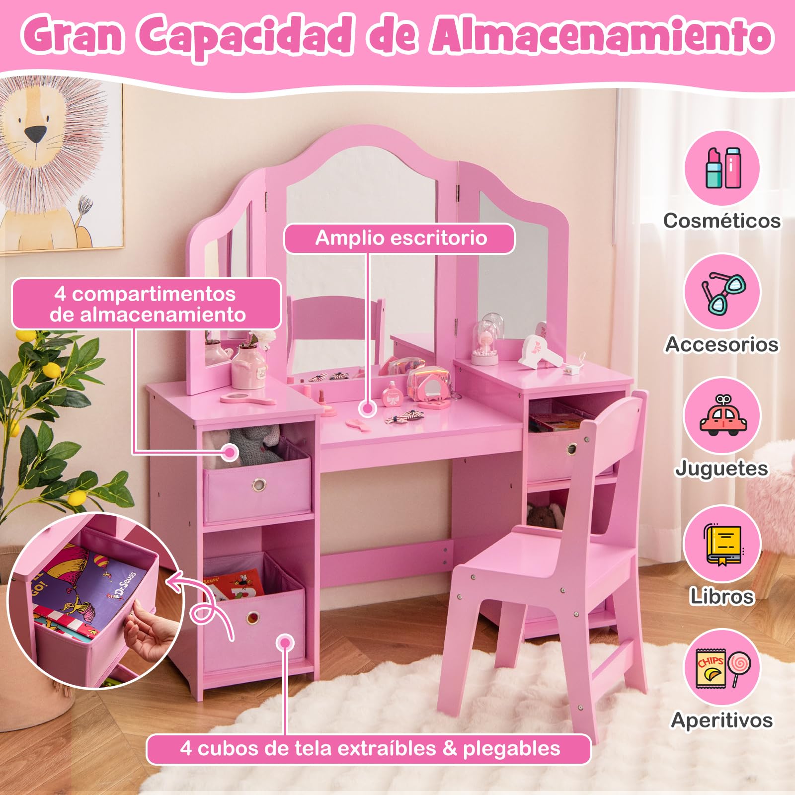COSTWAY Tocador de Maquillaje Niña con Silla, 2 en 1 Mesa de Maquillaje con Espejo Plegable y Removible, 4 Contenedores de Almacenamiento, Mesa Tocador Infantil de Madera (Rosa, con cajones)