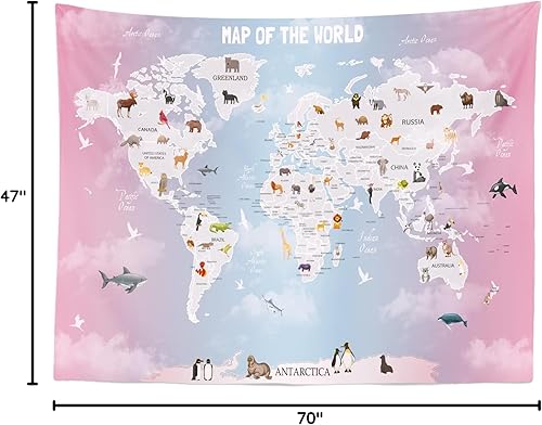 Miniatura 31 de BELECO Tapiz de mapa del mundo infantil para colgar en la pared, diseño de animales de dibujos animados, para dormitorio, sala de estar, dormitorio