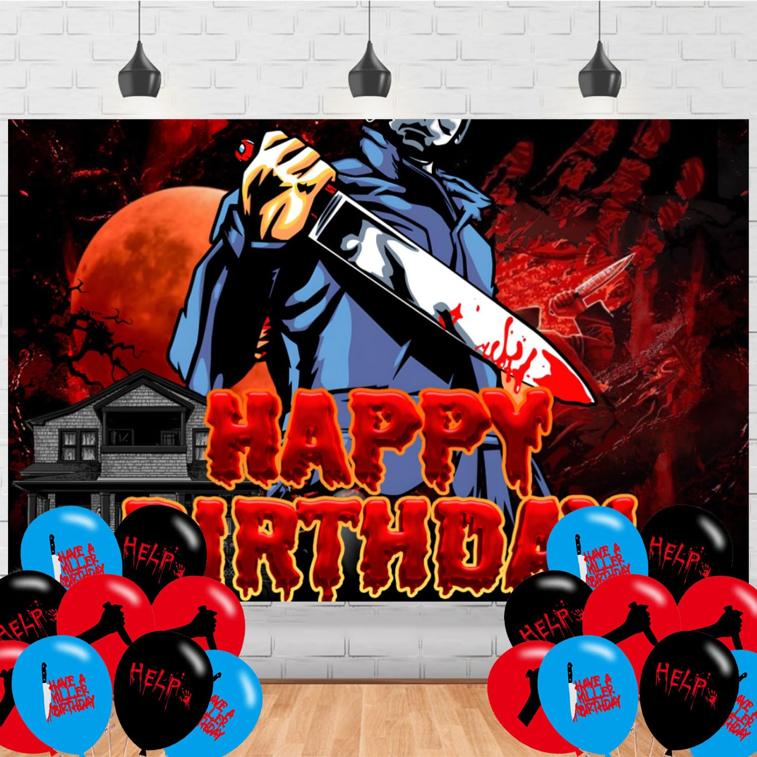 Karg Horror Movie Birthday Party Backdrop, 5ft x 3ft, 18 Pcs Balloons, Party Decoration, Banner, Shoot Photo Backgrounds, Props, Occasion: Birthday