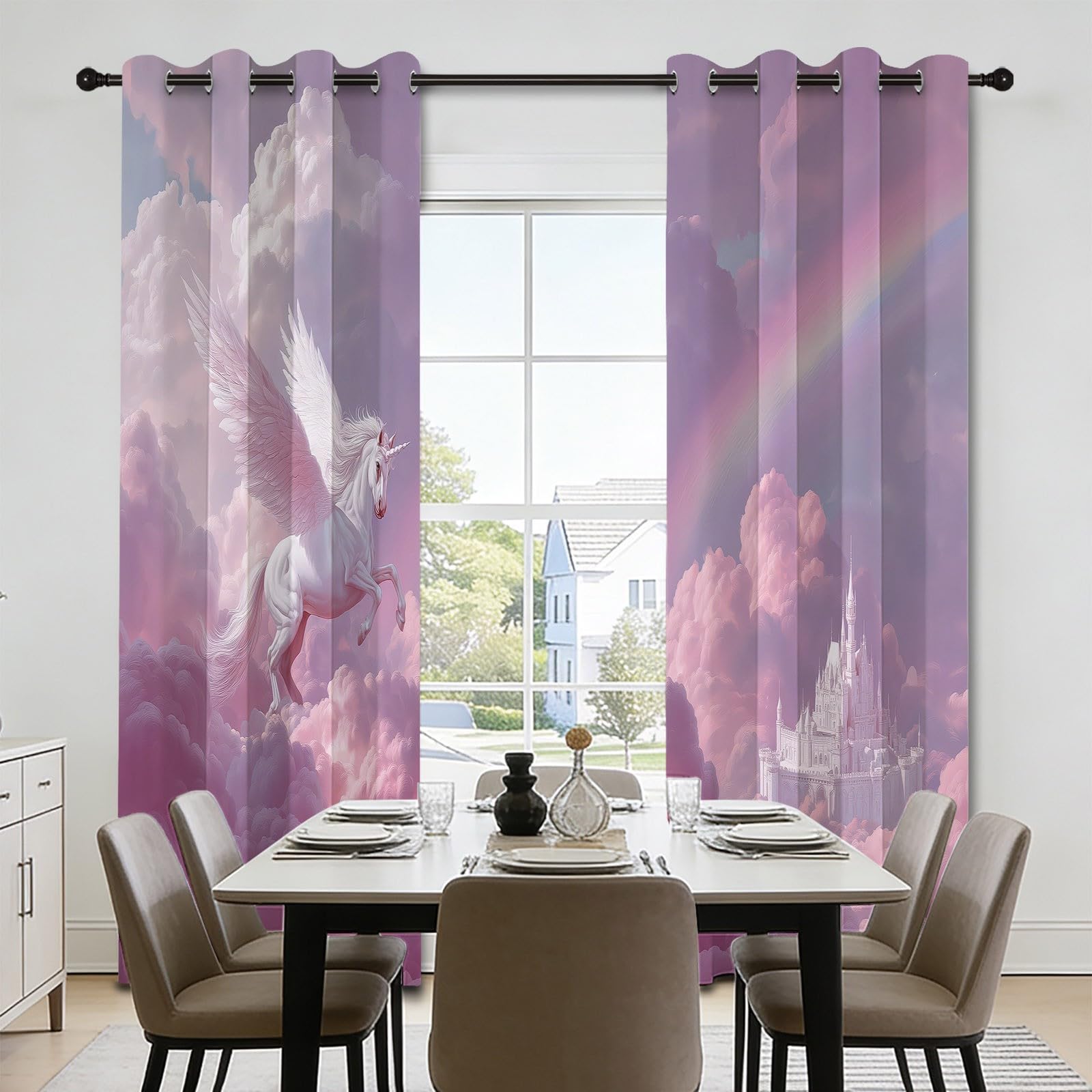 Rideau Occultant 3D Impression Licorne Château Arc en Ciel, Rideaux Salon Isolant Réduction du Bruit 140L x 245H cm (2 Panneaux) Dessin Animé Féerique Rideaux De pour Chambre Décoration