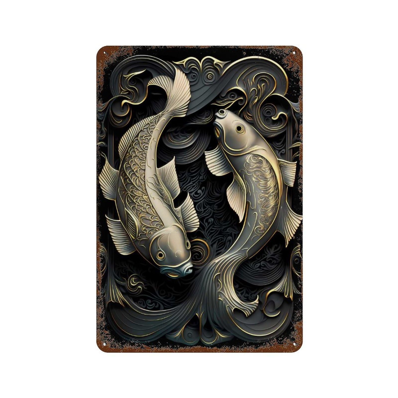Dual Koi Fish Serenade Rust Effect Tin Sign 11.8"x7.9", Rustic Home Decor for Garage, Pub Or Kitchen