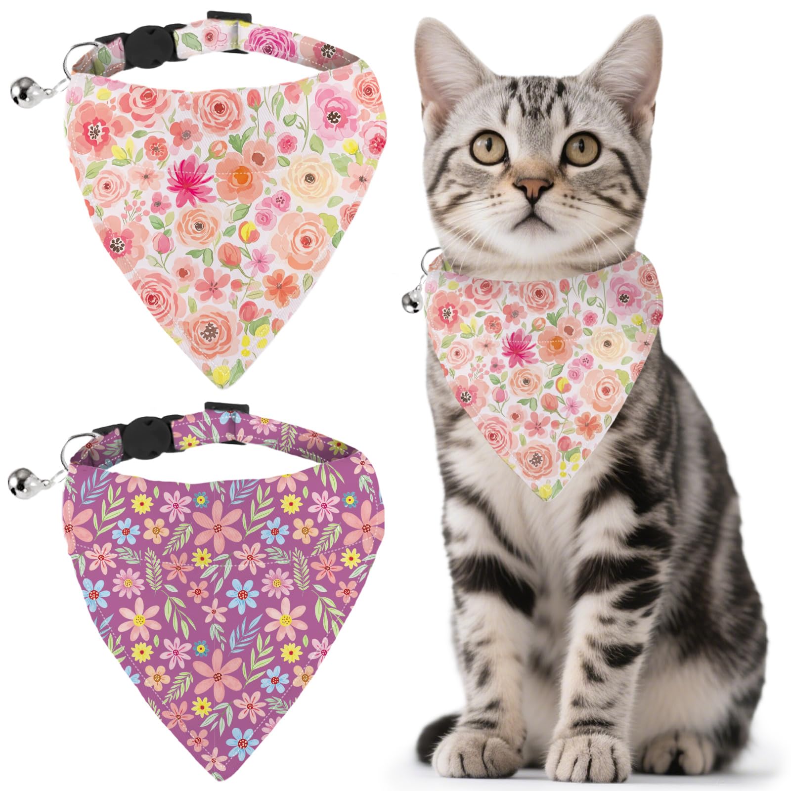 GLOBLELAND 2 Pack Colorful Flowers Pet Bandana Collar with Removable Bandana and Bell Wildflowers Plants Adjustable Dog Collar Roses Florals Cat Collars Scarf for Pets Kittens Puppy Cats Dogs