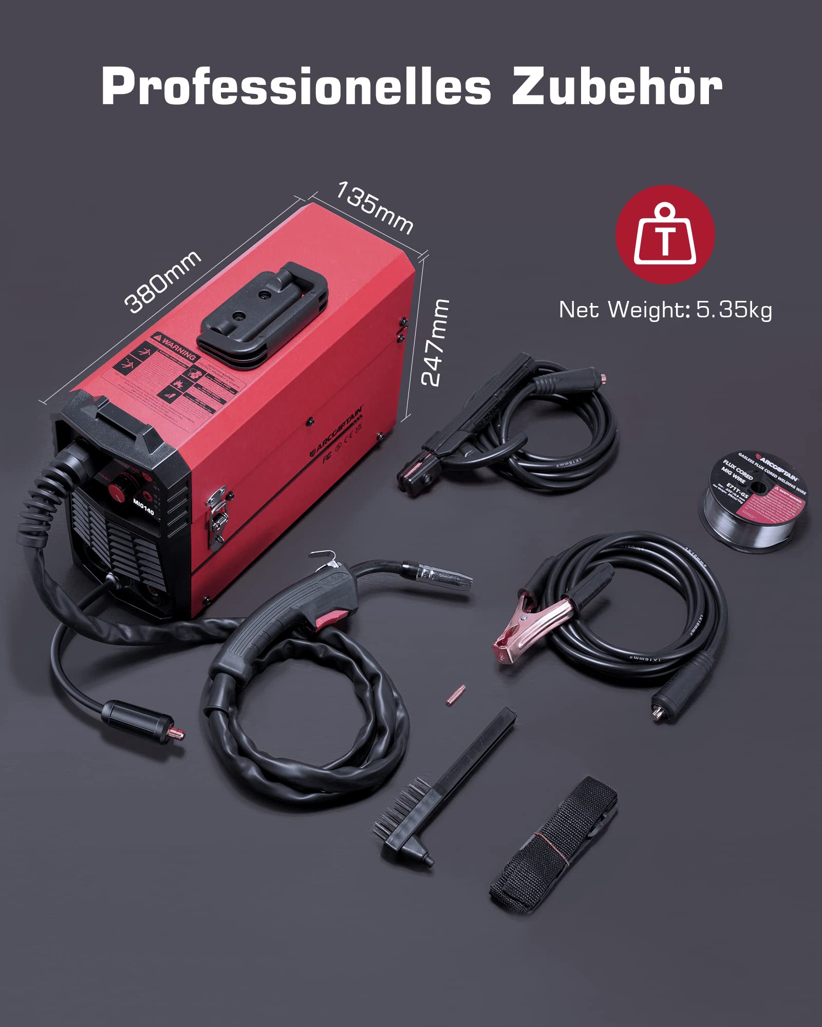 ARCCAPTAIN MIG MAG spawarka gazowa ochronna, IGBT 140 A AC230 V, 5 w 1, spawarka kombi z drutem wypełniającym (FCAW) / MMA E-Hand/Lift TIG z synergicznym posuwem drutu, z 1 kg drutu wypełniającego 0,8
