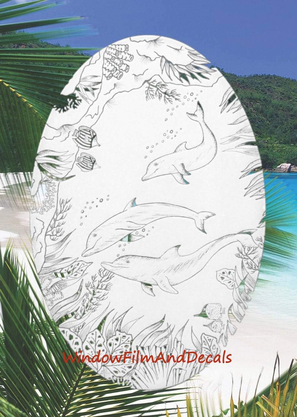 Dolphin Scene Oval Etched Window Decal Vinyl Glass Cling - 15" x 23" - White with Clear Design Elements