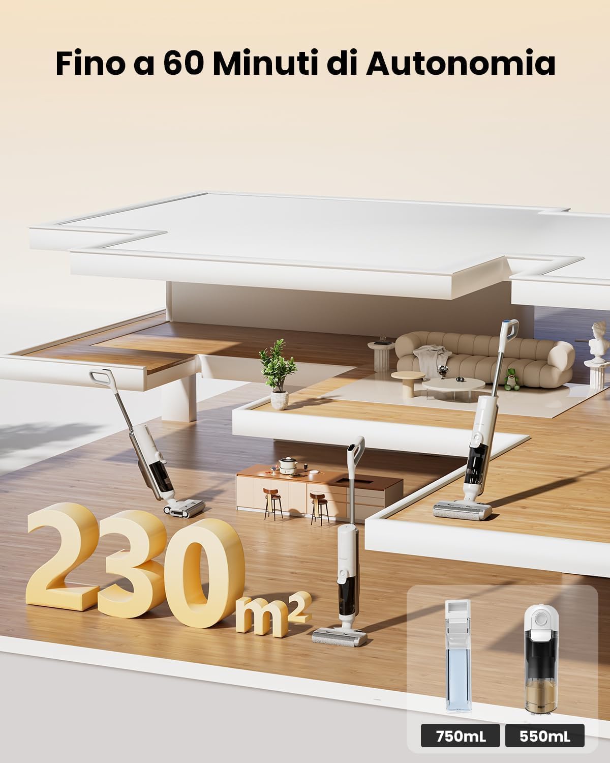 Proscenic F10 Ultra Aspirapolvere senza fili Lavapavimenti 3-in-1, per Solidi e Liquidi da 60 Minuti, Aspirapolvere Leggero per Solidi e Liquidi 1,3L, Autopulente, pulizia di Angoli e Bordi