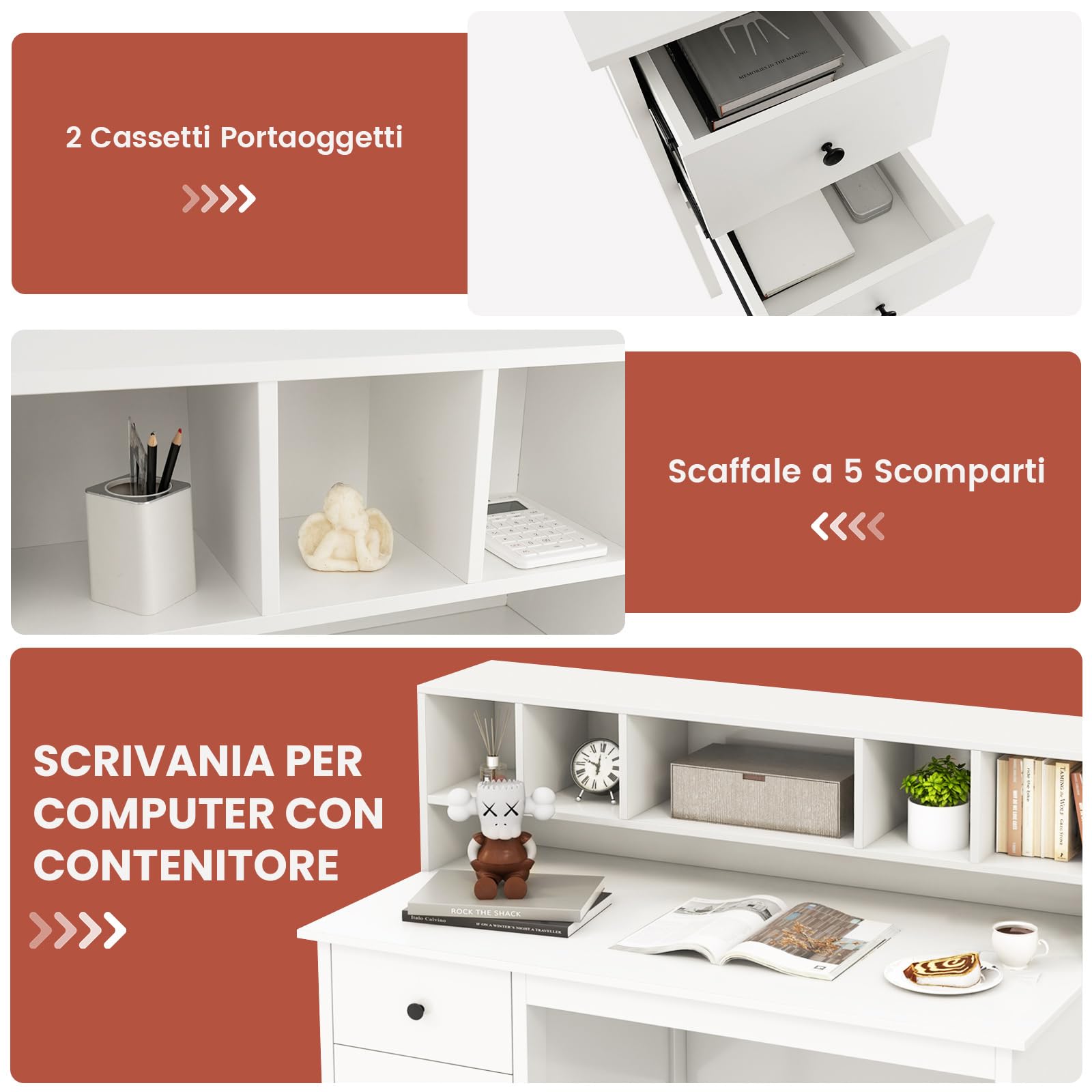COSTWAY Scrivania Salvaspazio con Libreria, 5 Vani e 2 Cassetti | Scrivania per Computer Moderna da Ufficio e Casa, Bianco