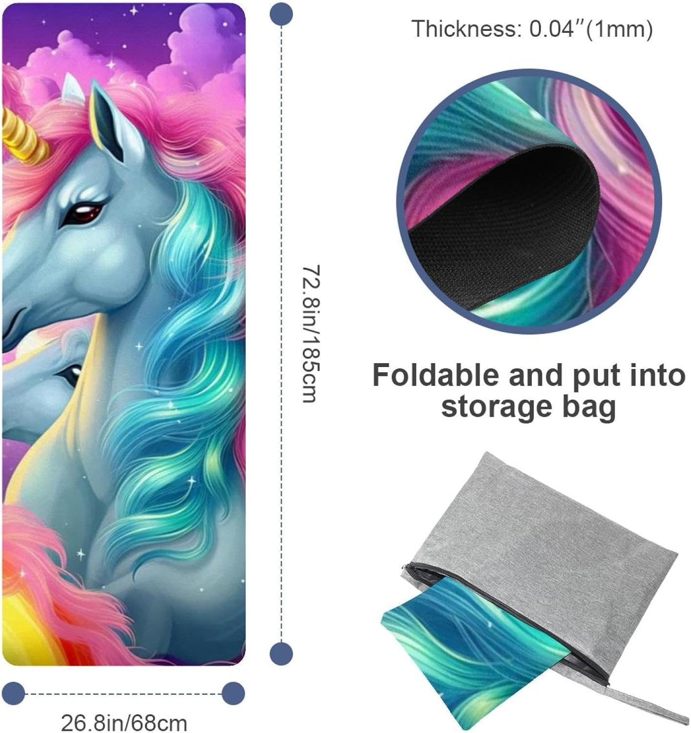 Yoga Towel, Rainbow Unicorn Pattern Non Slip Sweat Absorbent Hot Yoga Mat Towel for Hot Yoga, Pilates and Fitness - 72.8" x 26.8"
