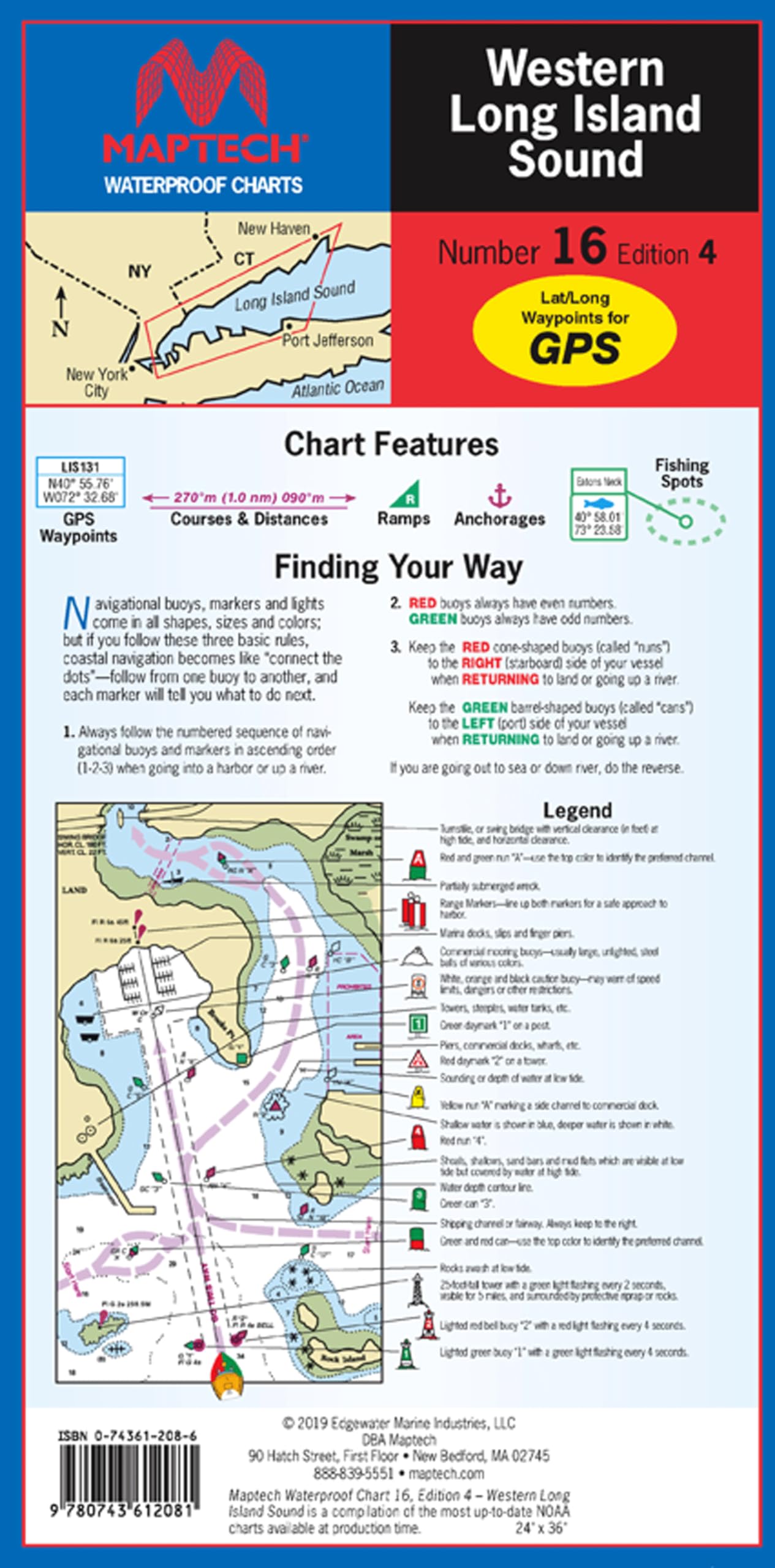 MAPTECH Waterproof Chart, WPC016-04, Western Long Island Sound, 4th Edition. Throgs Neck to Port Jefferson, 24