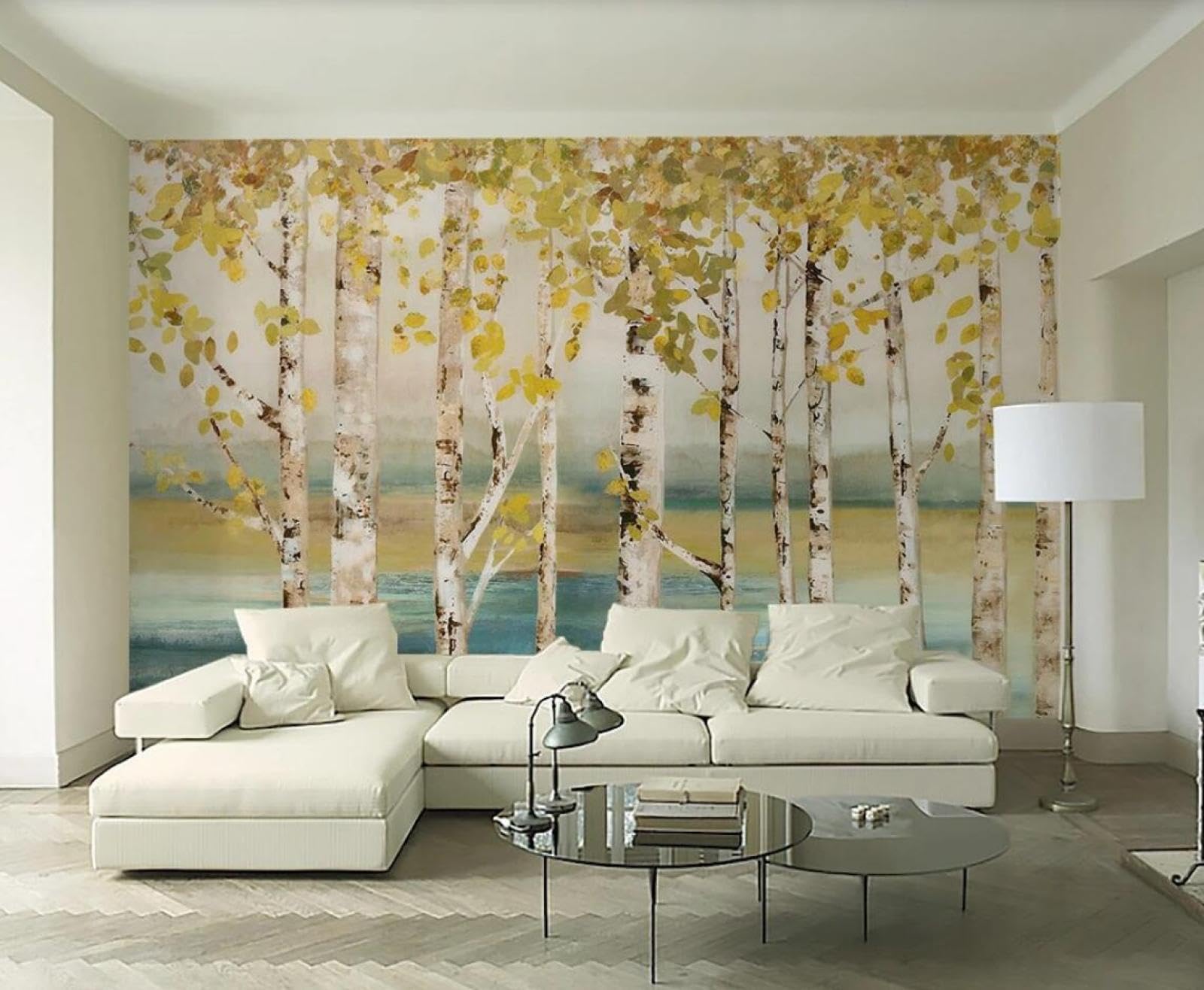 Papier peint bouleau blanc panoramique pour agrandir une chambre avec effet 3D