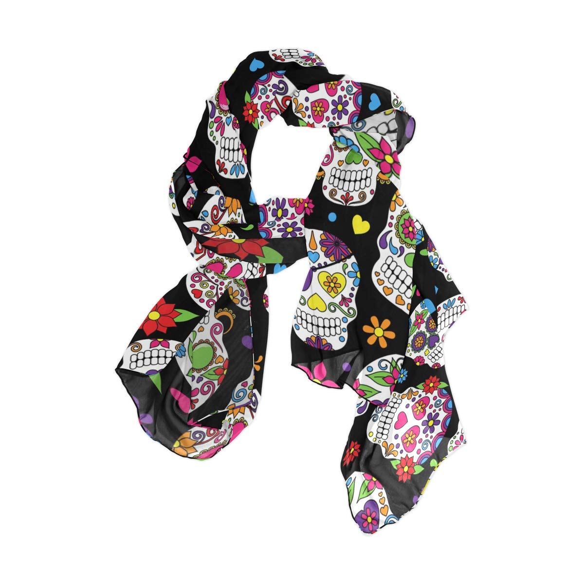 linomo Women's Chiffon Silk Large Scarf Floral Sugar Skull Pattern Long Shawl Wrap Silk Like Scarf