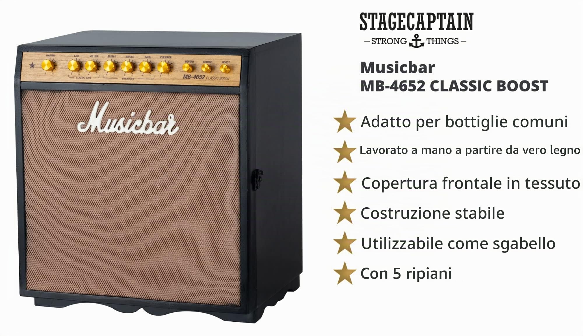 Stagecaptain Musicbar - Mobile in Legno Design Amplificatore Chitarra - Ripiani Estraibili - Cantinetta Vintage Vino o scaffale liquori - Comodino con Spazio Dischi Vinile - Nero