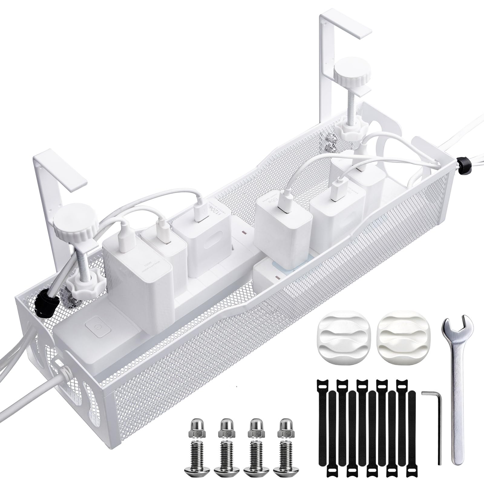 Under Desk Cable Tray White, 40cm Wire Management with Clamp Mount