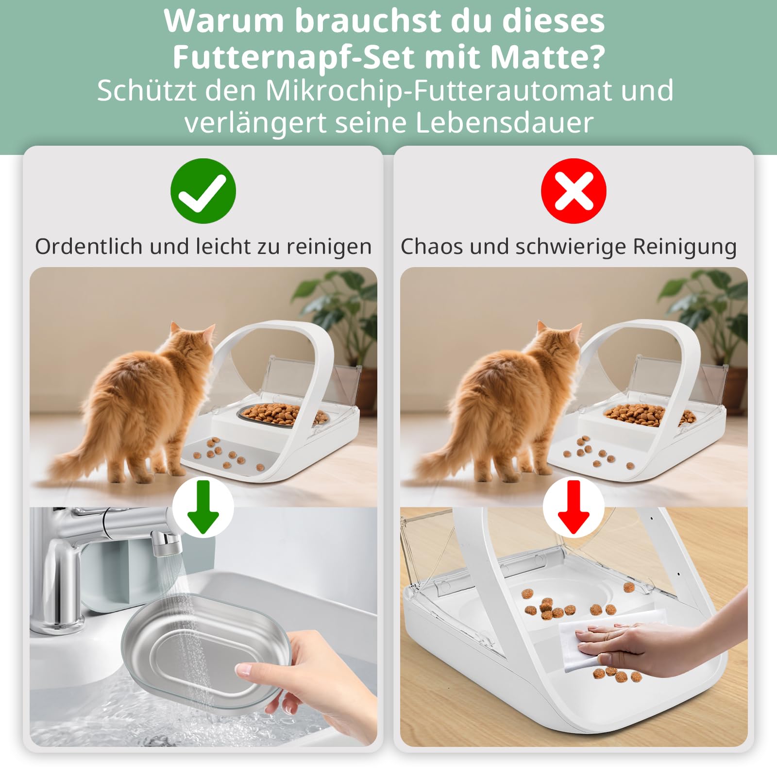 Edelstahlschalen für automatischen Mikrochip-Futterautomat für Haustiere – Dichtungsring-Design zur Frischehaltung und Geruchsreduzierung, Edelstahl 304, leicht zu reinigen, 2er-Set Plus Unterlage