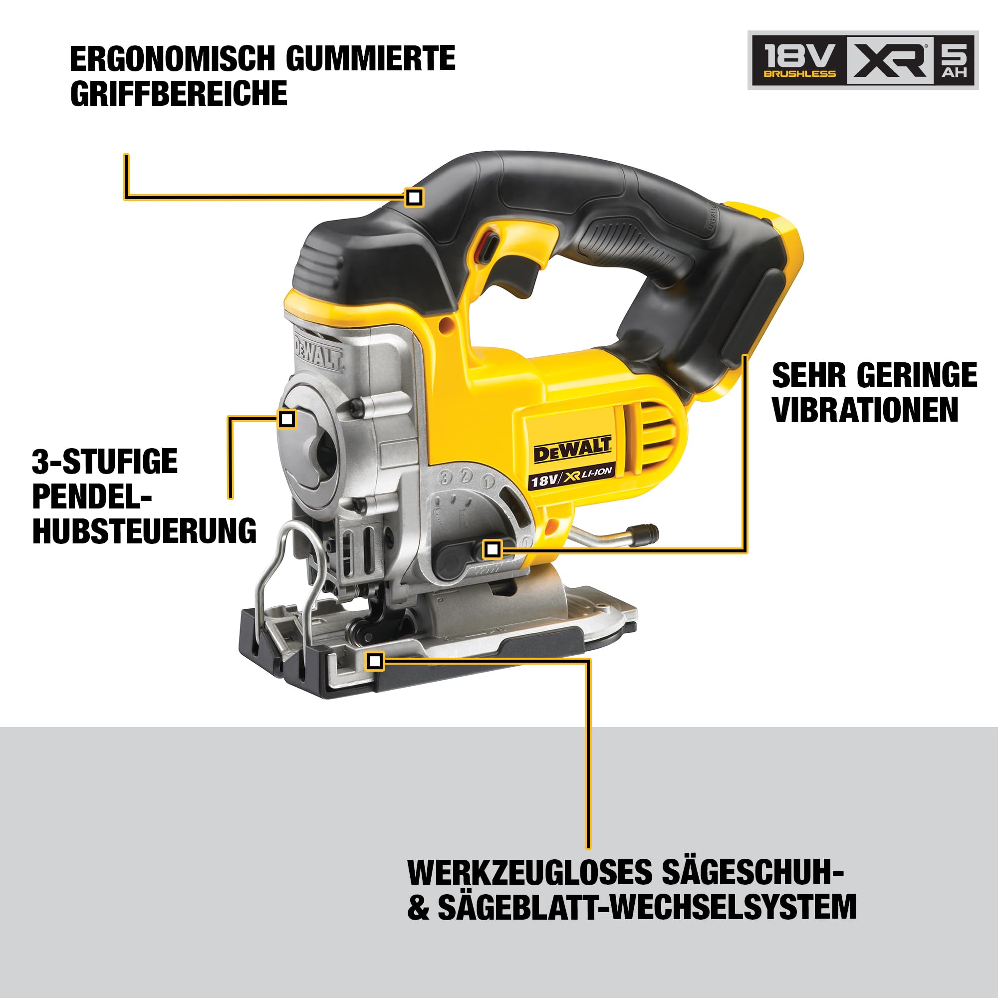 Dewalt 18 Volt Akku-Stichsäge DCS331N (vibrationsarmer Hochleistungsmotor, elektronische Hubzahlregulierung, Hublänge: 26 mm, beidseitige Neigungseinstellung: 45°, Lieferung ohne Akku und Ladegrät)