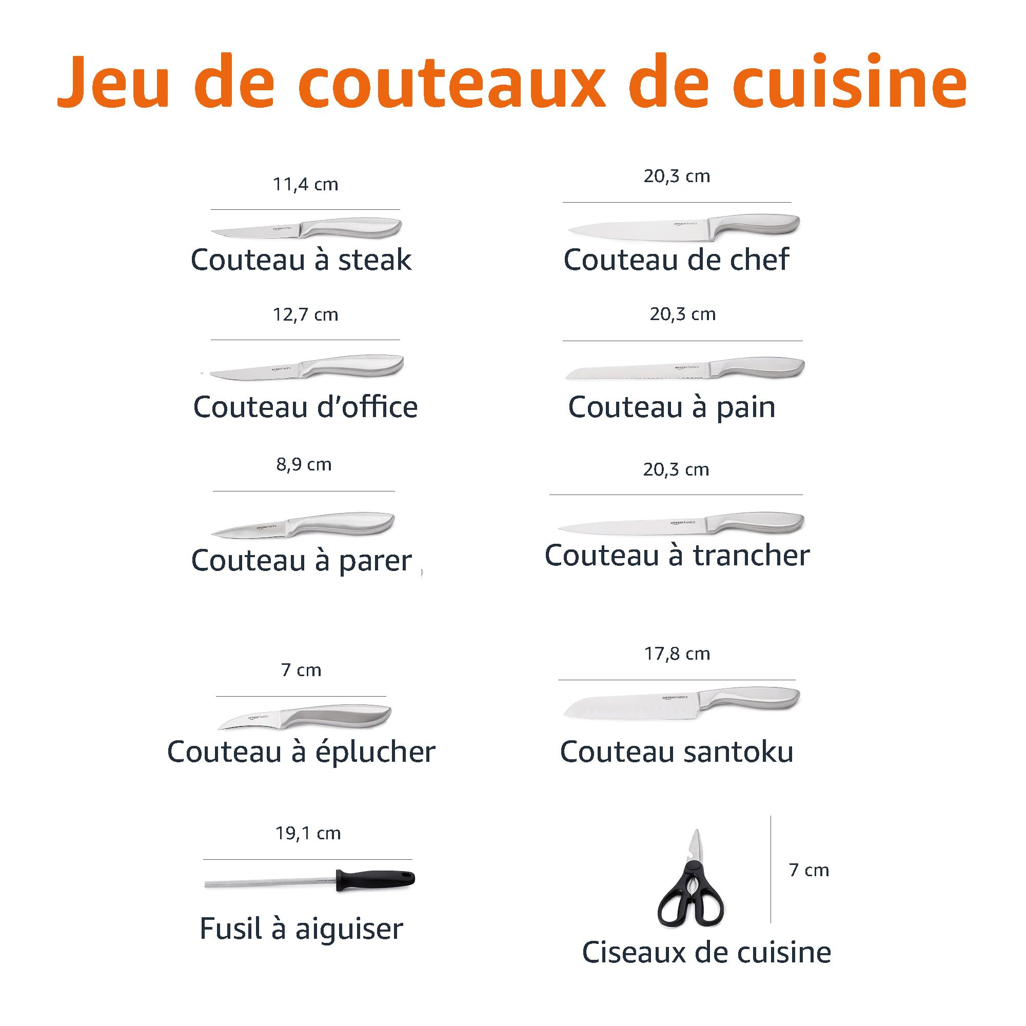Amazon Basics Ensemble de couteaux 18 pièces à poignée confortable en acier inoxydable avec bloc de rangement