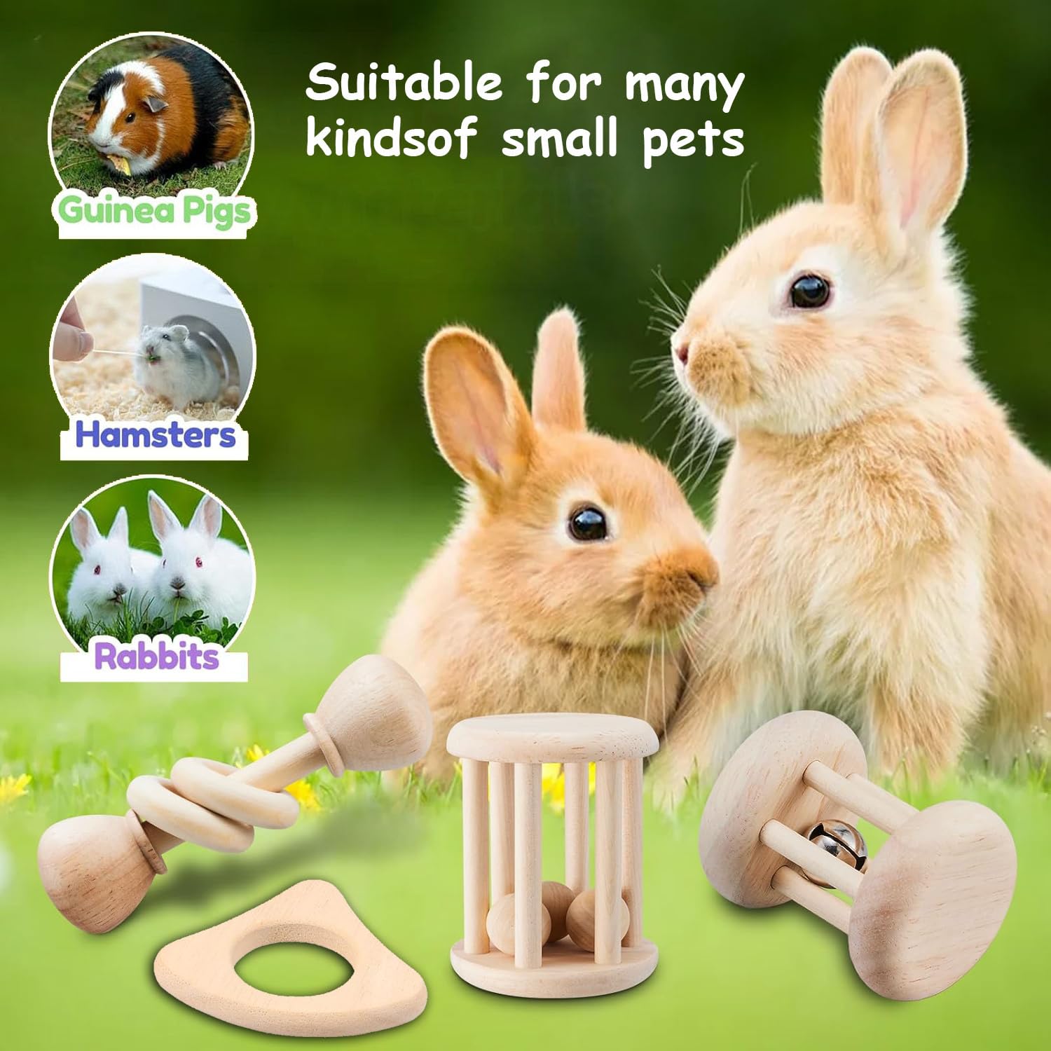 Xinghonyac 4 Pcs Wooden Bunny Toys, Safe Chew Toys for Rabbits, Guinea Pigs, Hamsters & Small Pets – Indoor & Outdoor Bunny Chew Toys for Teeth Grinding - 2