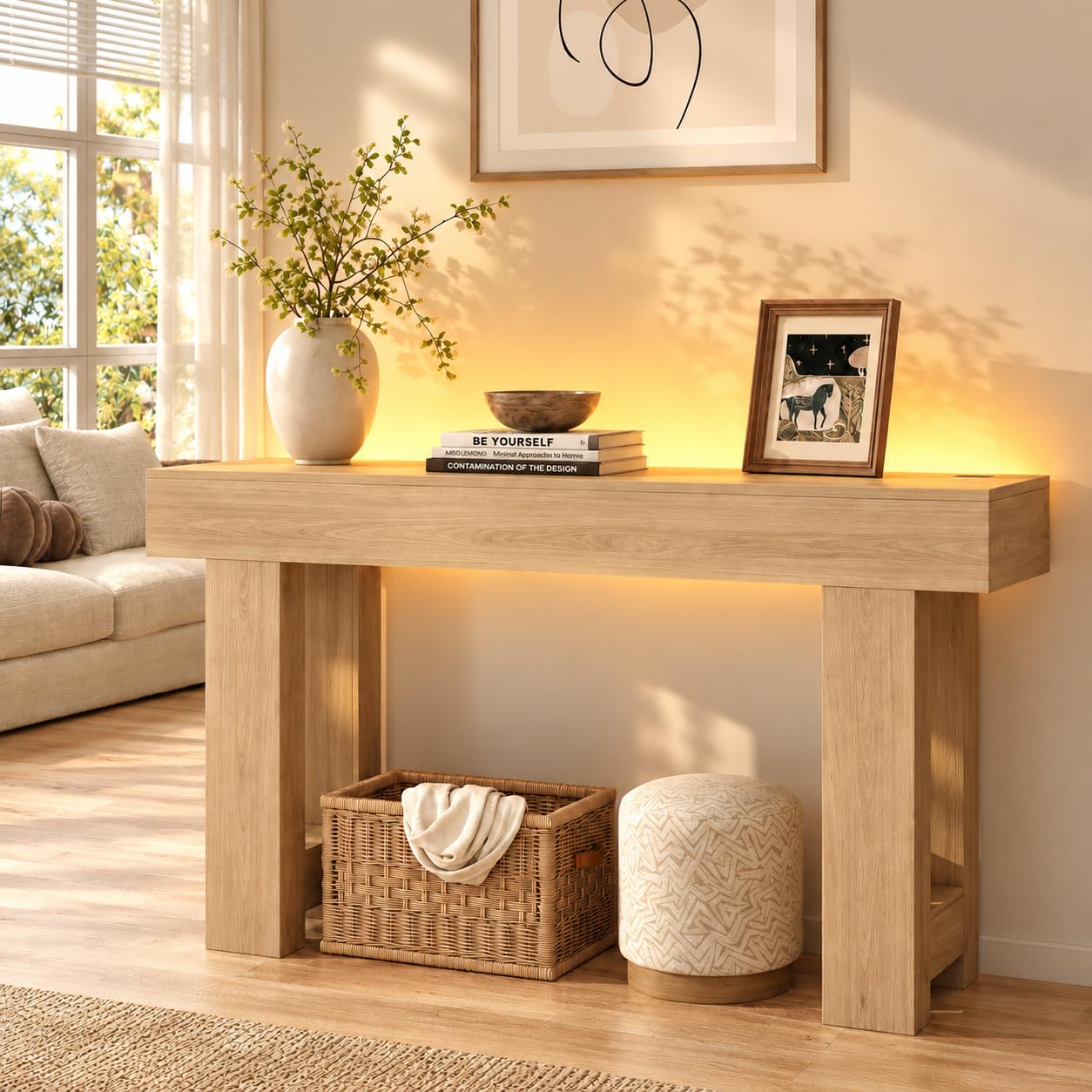 BROTTAR Foyer Table for Entryway, Console Table with Sensor Lights, Oak