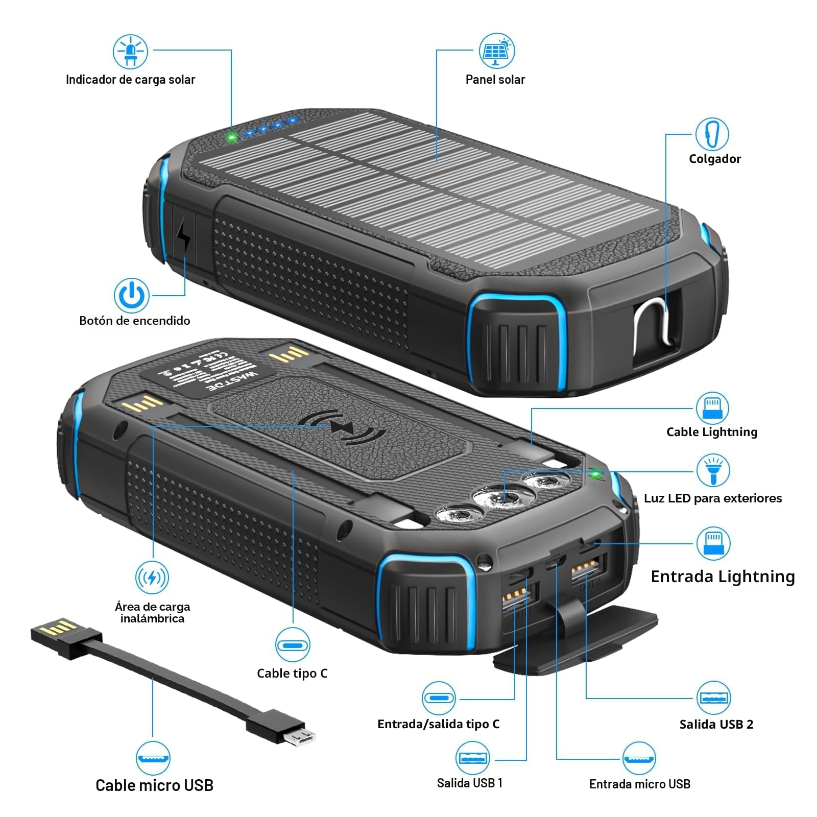 Banco de energía solar inalámbrico, 26800 mAh, con 3 cables, USB-C 15 W, carga rápida, 4 salidas, 3 entradas para teléfono móvil, cargador solar, batería externa con linterna