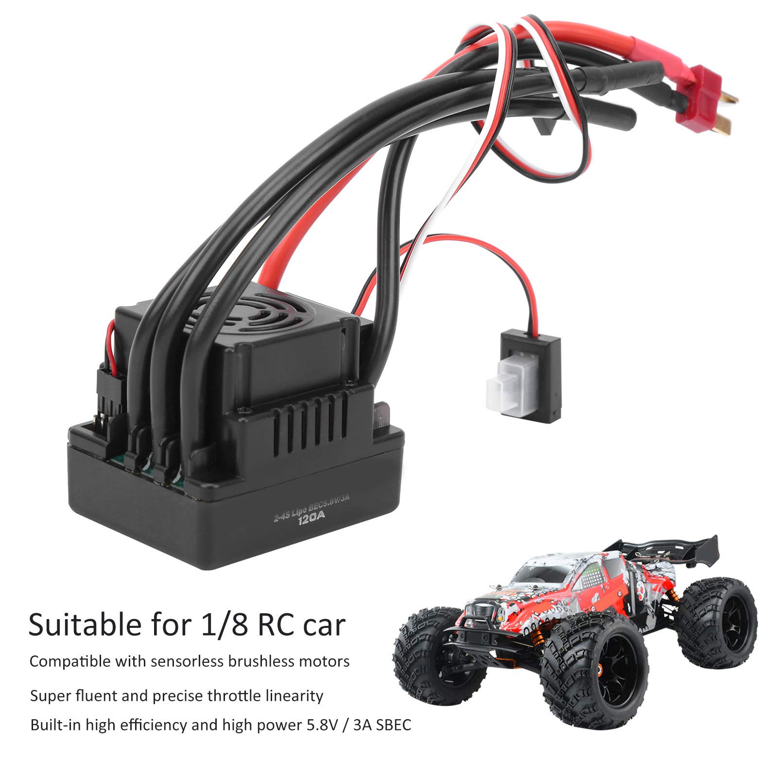 Lybunair 120 Waterproof Brushless ESC Electronic Speed Controller with T Plug Fit for 1/8 RC Car (T insert)
