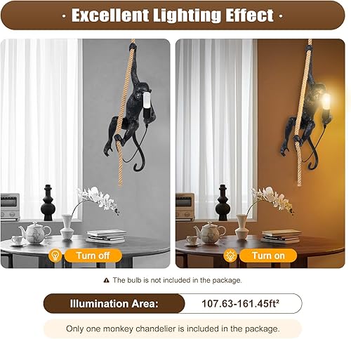 Miniatura 7 de Lámpara colgante vintage de mono de resina, cuerda de cáñamo, lámpara colgante de techo Edison industrial E27 para comedor, sala de estar,