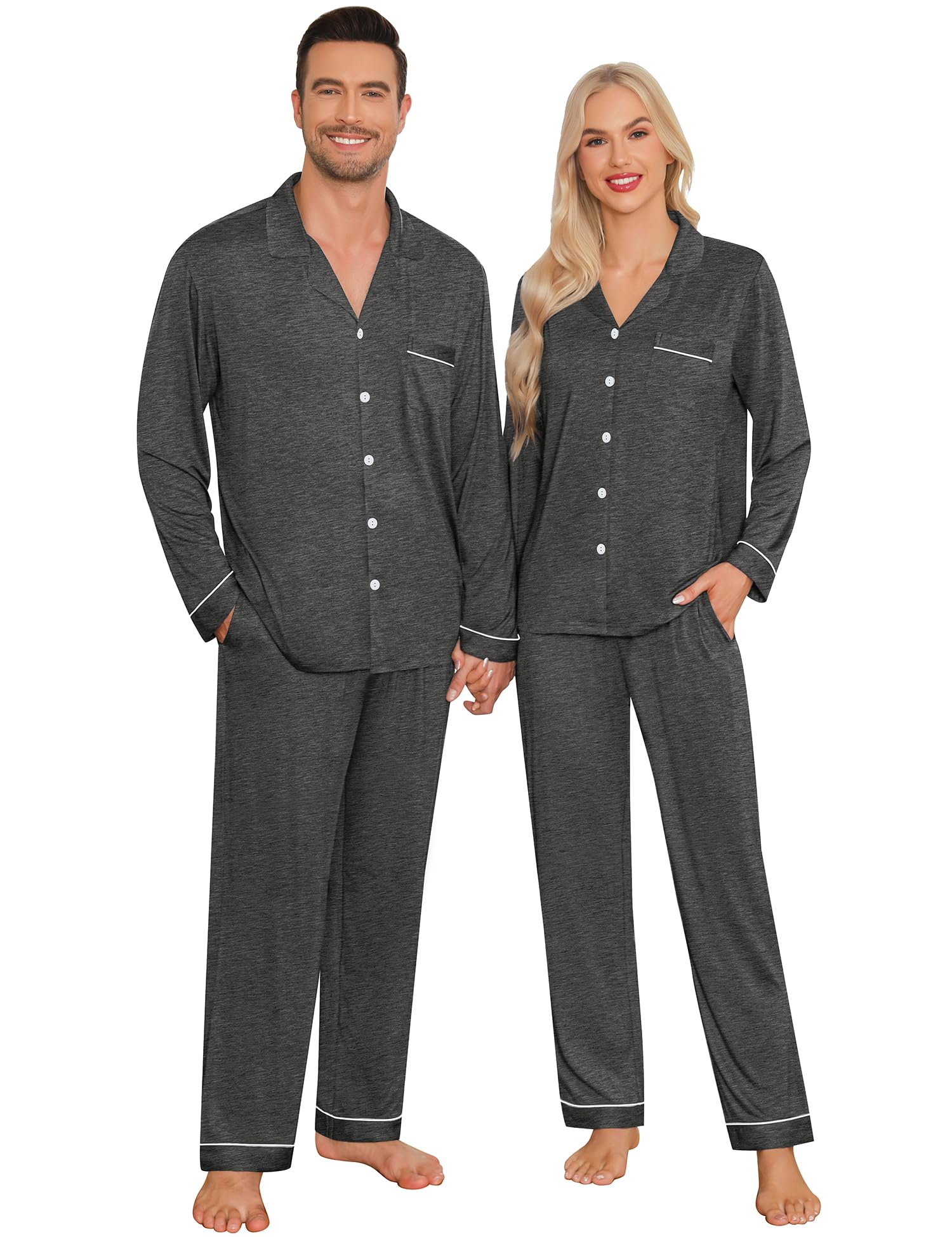 SWOMOG Matching Couple Christmas Pajamas Set Modal Long Sleeve Button-Down Sleepwear Family Festival Party Xmas PJs Sets