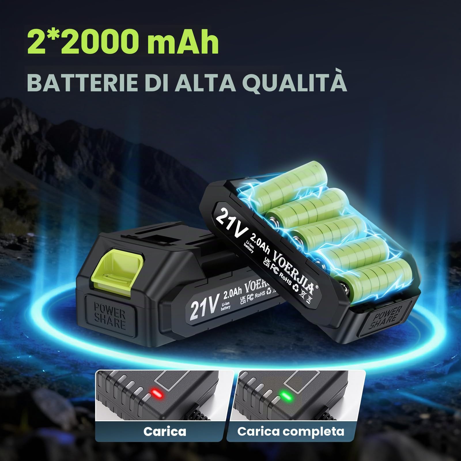 Martello perforatore a batteria da 21 V, set di avvitatore a batteria senza spazzole con 2 batterie da 2000 mAh, mandrino da 3/8", coppia 21 + 3, trapano a batteria max 60 N.m, luci a LED e 2 marce
