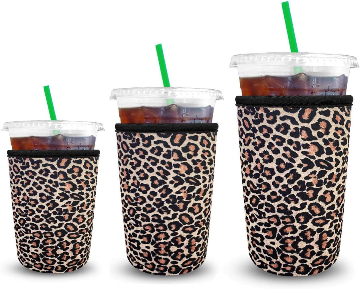 XccMe Iced Coffee Sleeves,Reusable Cold Cup SleeveS,3Pack Neoprene Insulator Cup Cover for Cold Drinks,Beverages Holder,Ideal for Dunkin Donuts, Starbucks Coffee(Leopard)
