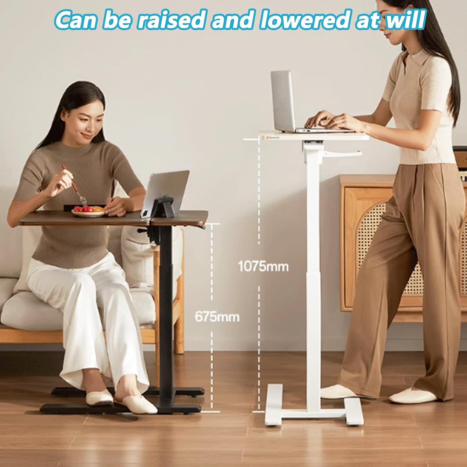 Height Adjustable Overbed Table, Mobile Bed Desk for Bedroom with Double-Sided Baffle and Hidden Wheel, Sofa Dining Table Computer Desk(White)