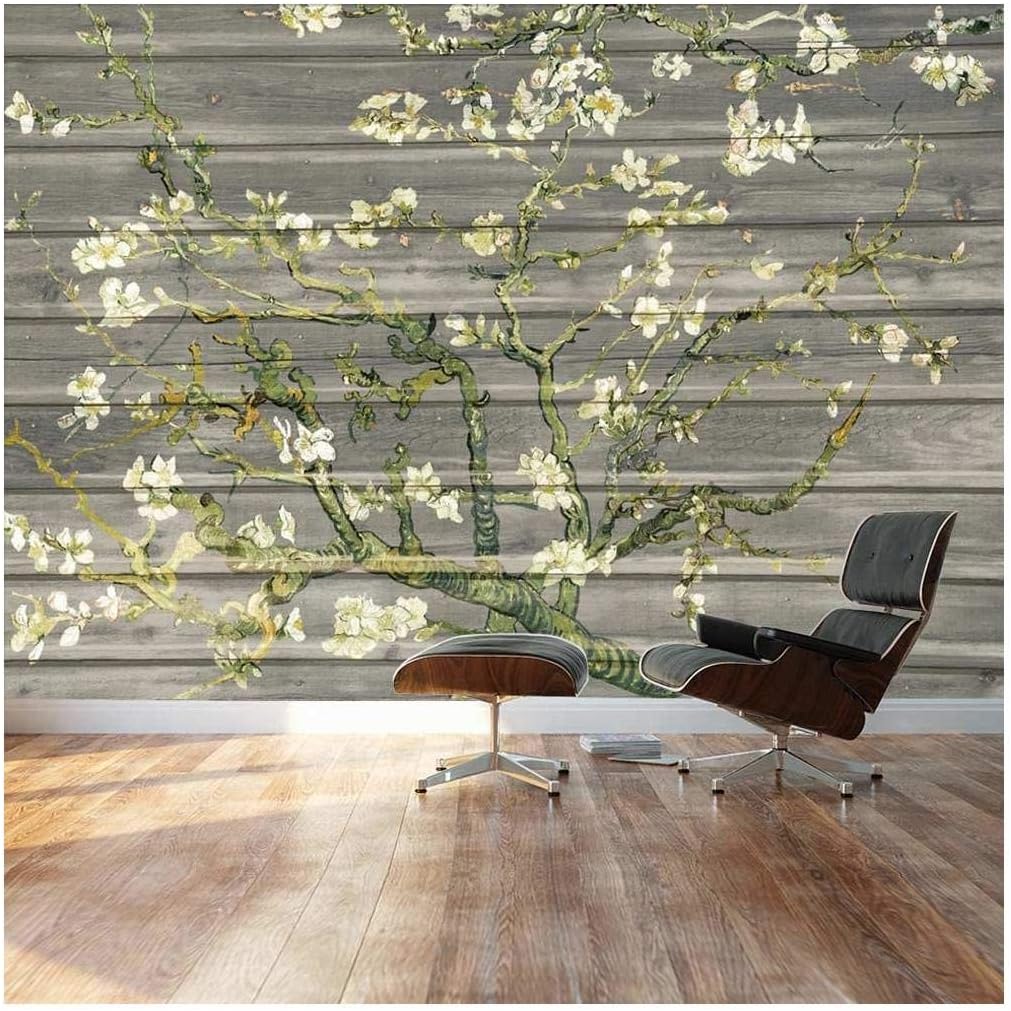 wall26 -Almond Blossom by Vincent Van Gogh - Floral Painting on a Soft Gray Wood Paneled Background - Wall Mural, Removable Sticker, Home Decor - 66x96 inches