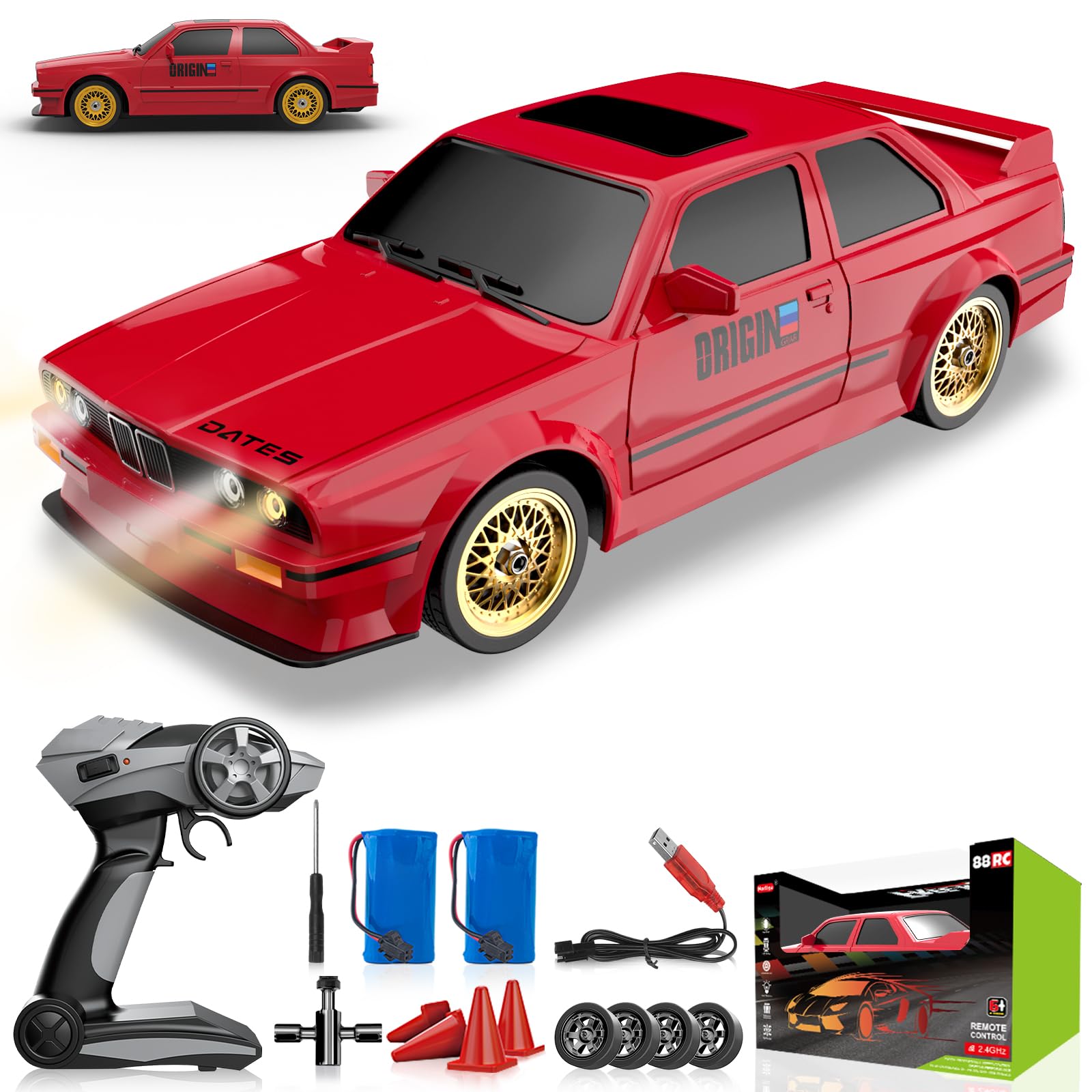 Ruxrcni Remote Control Cars 1:16 Scale RC Drift Car 2.4Ghz 30KM/H High Speed 4WD RTR Racing Car with Drift Tires LED Lights 2PCS Rechargeable Batteries RC Sport Cars Toys for Adults Kids Gift,Red