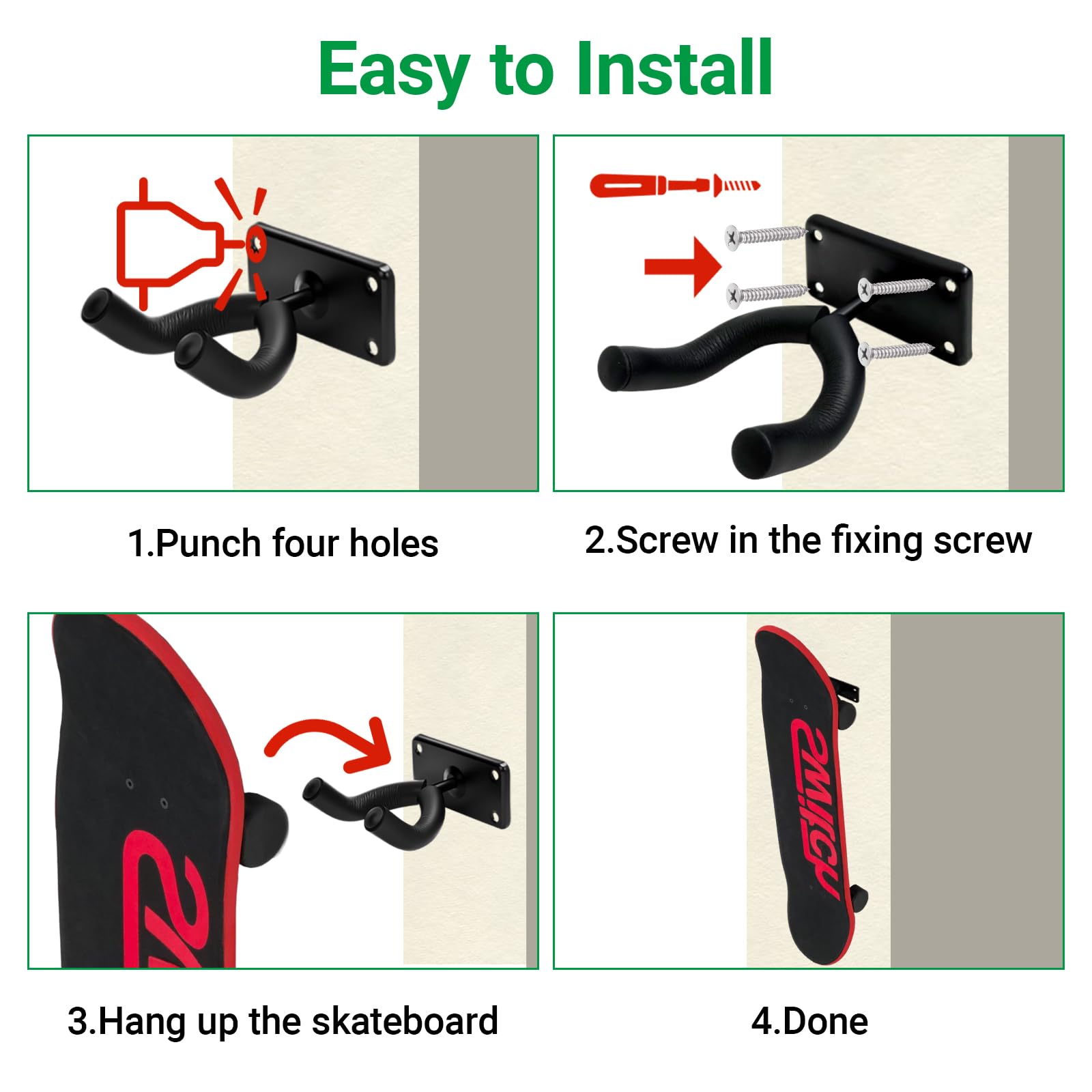 4 pacchetto Skateboard Hanger - Snowboard Wall Mount Rack, Storage Display Holder per Guitar Longboard Surfboard, completo con viti, capacità di carico massima 30 lbs