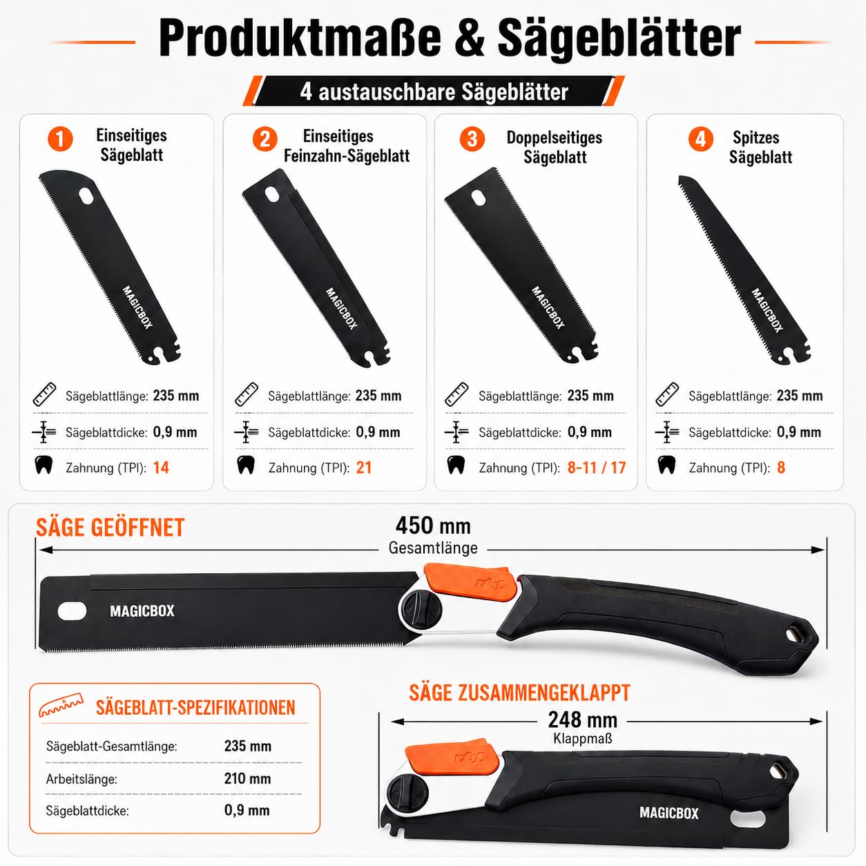 Magicbox Klappsäge Set mit 4 austauschbaren SK5-Sägeblättern, Japansäge Klappbar mit Sicherheitsverschluss, 2 Winkelpositionen, rutschfestem Griff & Canvas-Tasche für Holz, Äste, DIY, Outdoor