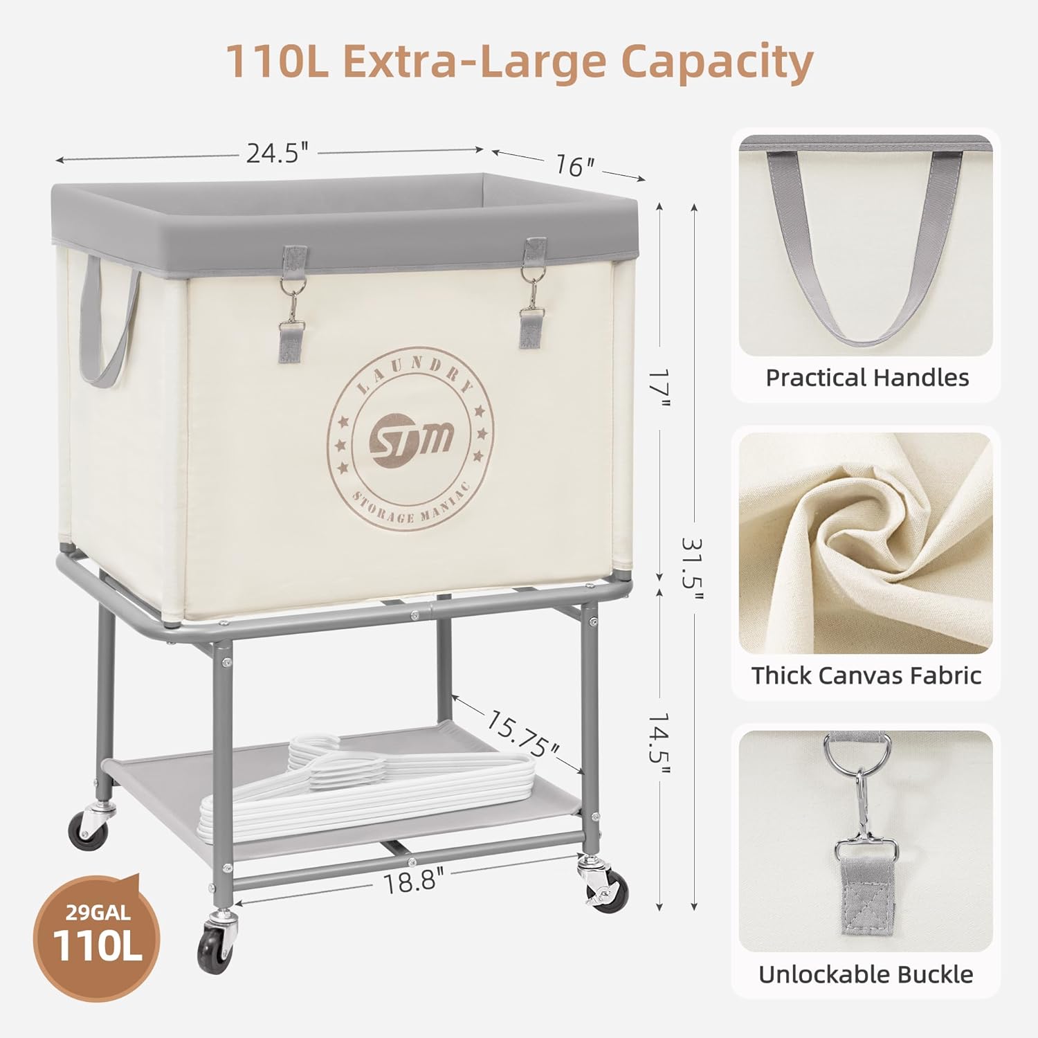 STORAGE MANIAC Rolling Laundry Cart with Storage Shelf, Heavy Duty Industrial Laundry Basket with Wheels, Commercial Metal Frame Clothes Hamper with Canvas Bag for Dorm, Closet, Bedroom, Beige