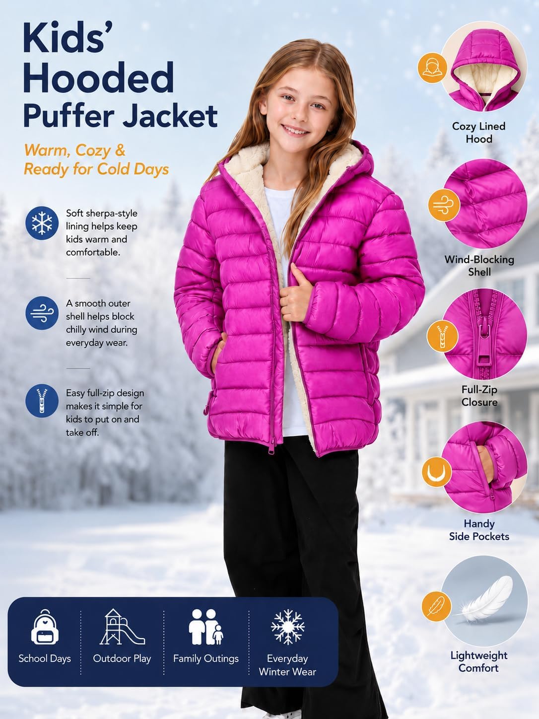 Boys Girls Hooded Winter Coats Sherpa Fleece Lined Puffer Jacket