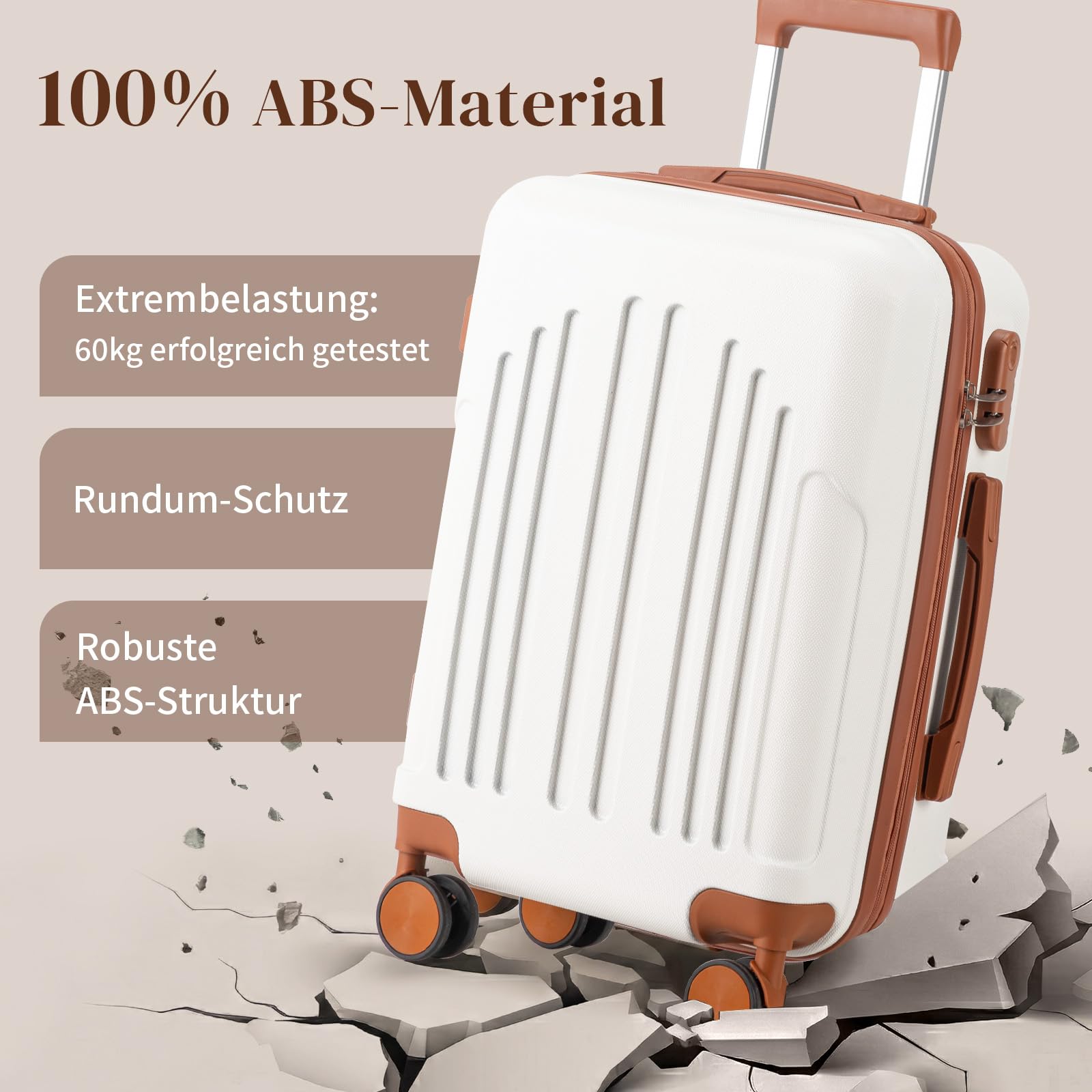 LEADZM Kofferset 4 teilig Hartschale, Koffer Set 4 stück aus ABS, Reisekoffer mit Rollen Groß, Handgepäck, Hartschalenkoffer Groß, Koffer & Trolleys (Beige-Braun)