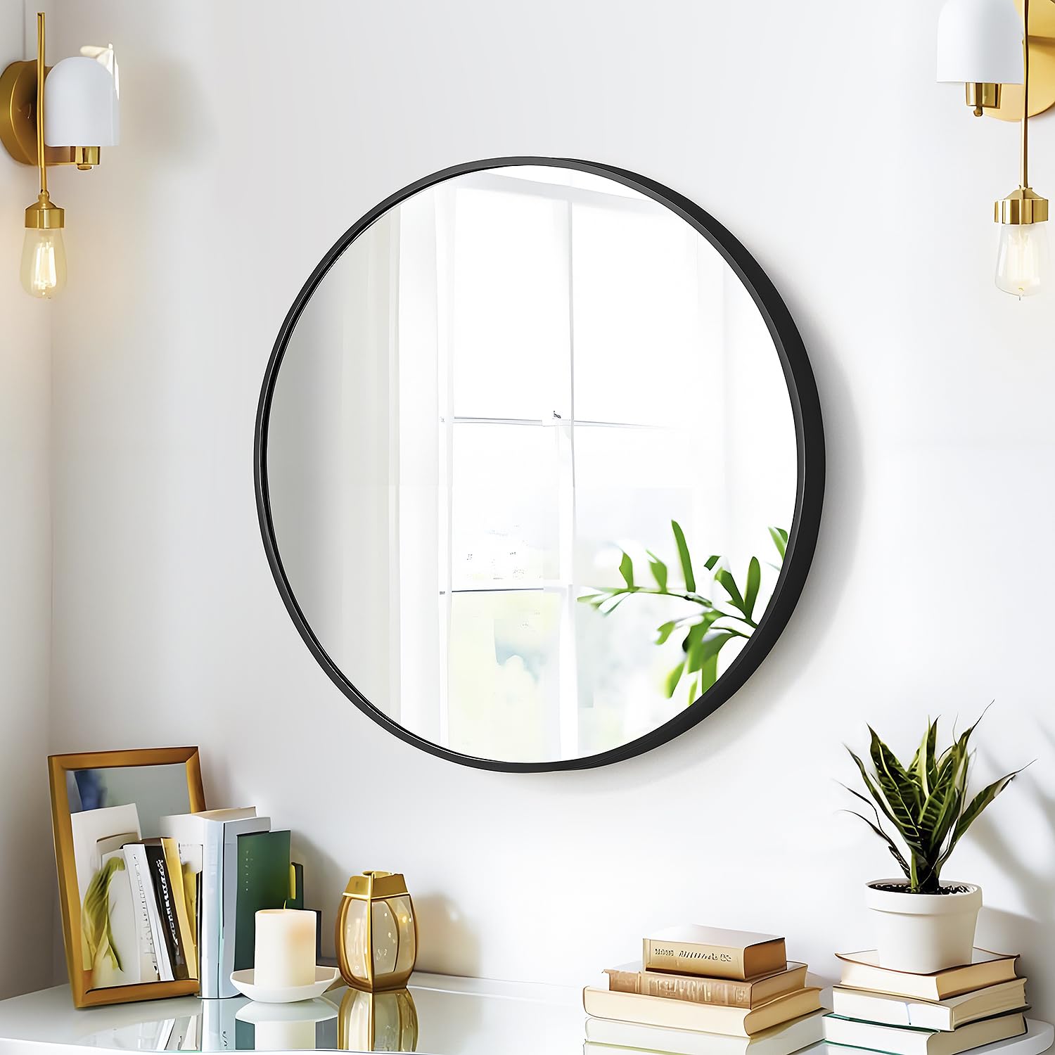 FINEWF 20x20 Round Mirror Circle Wall Mounted Aluminum Alloy Metal Frame HD Glass Dressing Make-up for Bathroom Entryway Bedroom Living Room 20 inch Black