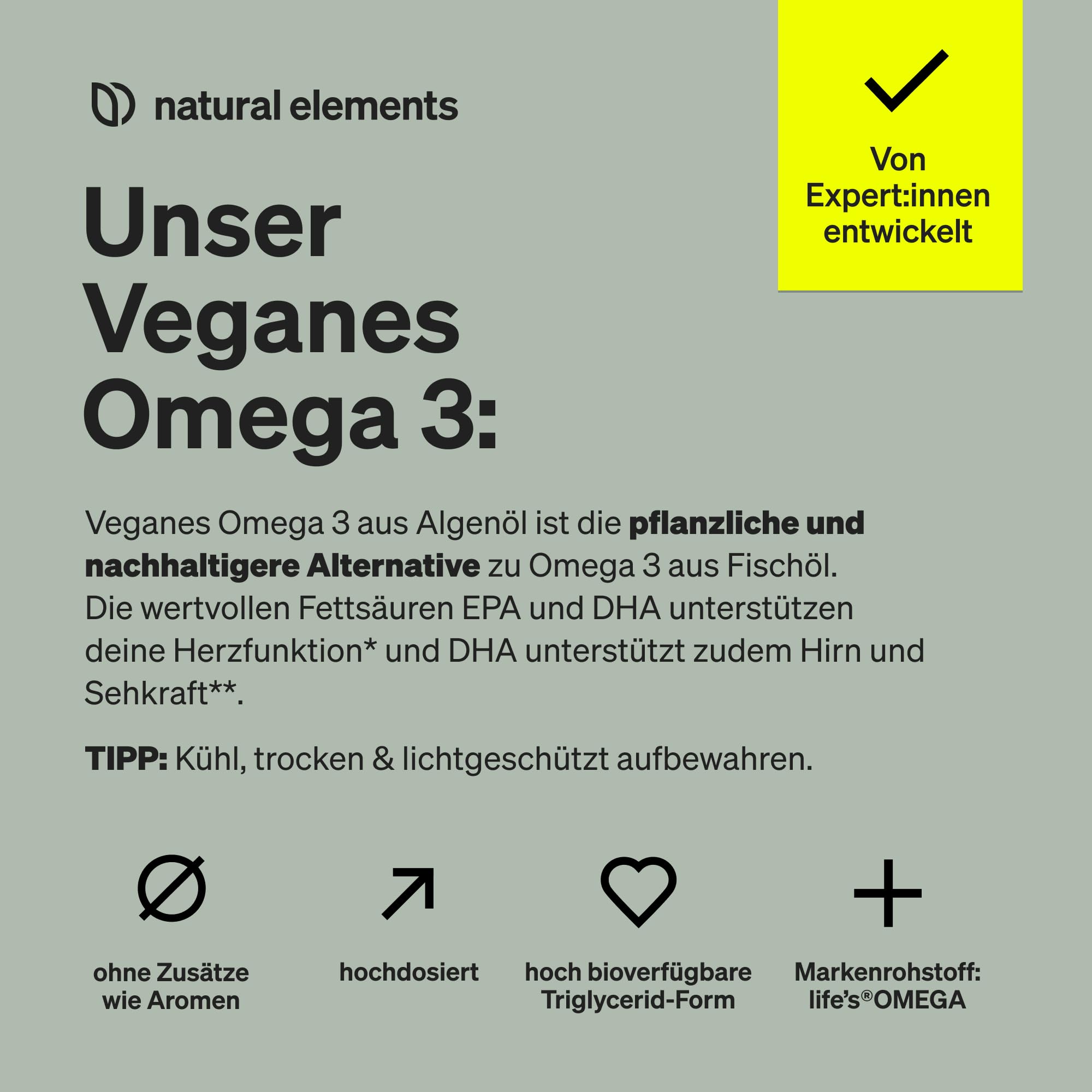 natural elements Omega 3 vegan aus Algenöl - 90 Kapseln - Hochdosiert mit hochwertigem EPA und DHA (in Triglycerid-Form) - Omega-3 für Veganer, Laborgeprüft, nachhaltig und von Natur aus schadstoffarm