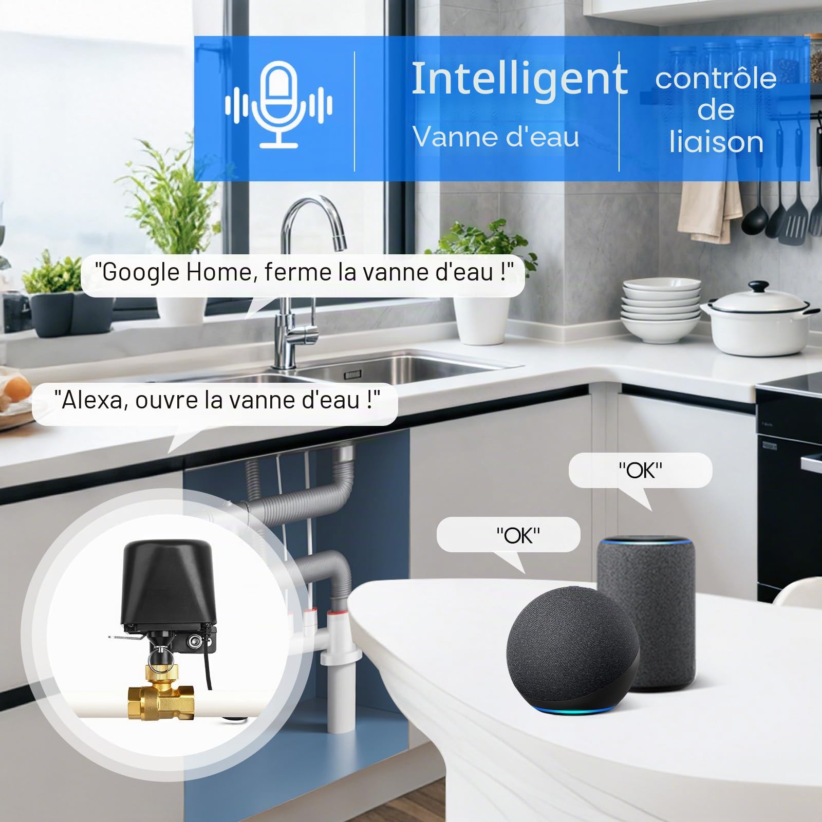 Valve d'eau intelligente Wifi/Bluetooth, commande vocale, compatible avec Alexa et Google, 2,4 GHz, contrôle automatique de la valve pour cuisine, jardin, ferme (DN15)