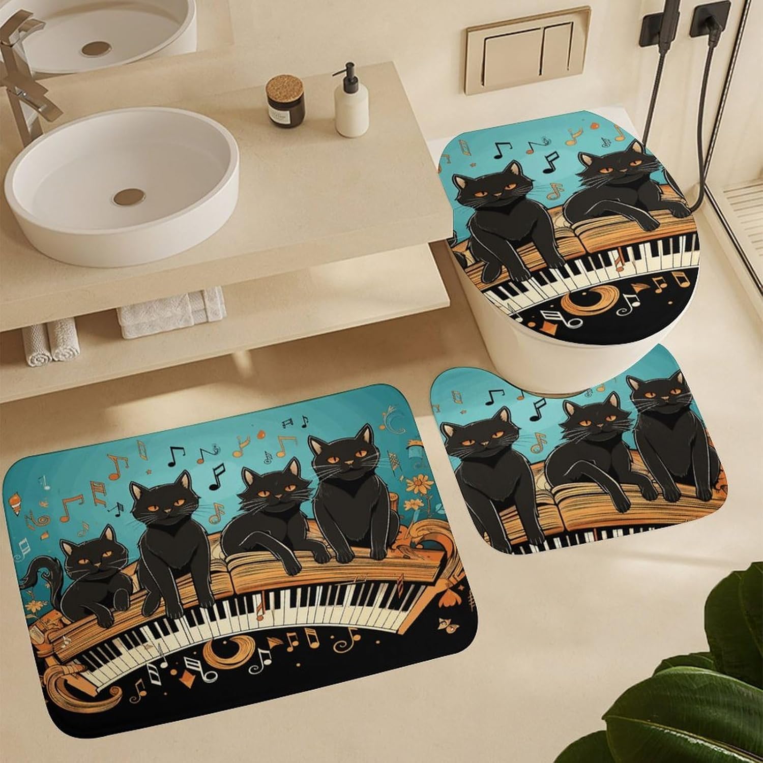 4-piece Bathroom Set with Waterproof Shower Curtain, Non-slip Absorbent Rug,Four Black Cats Lying on The Piano Keyboardprinting And Toilet Seat Cover - Bathroom Accessories And Decor for Modern Homes,