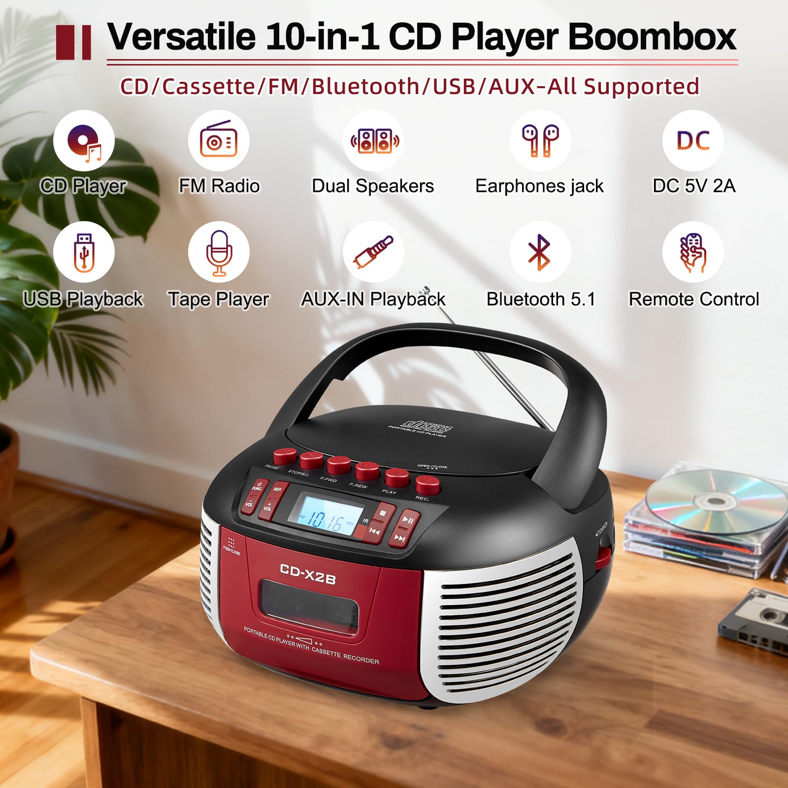 Boombox odtwarzacz kasetowy CD z radiem AM FM, Bluetooth, odtwarzanie płyt CD, pilot zdalnego sterowania, port USB, wejście AUX i gniazdo słuchawkowe, nagrywanie taśmowe, dźwięk stereo