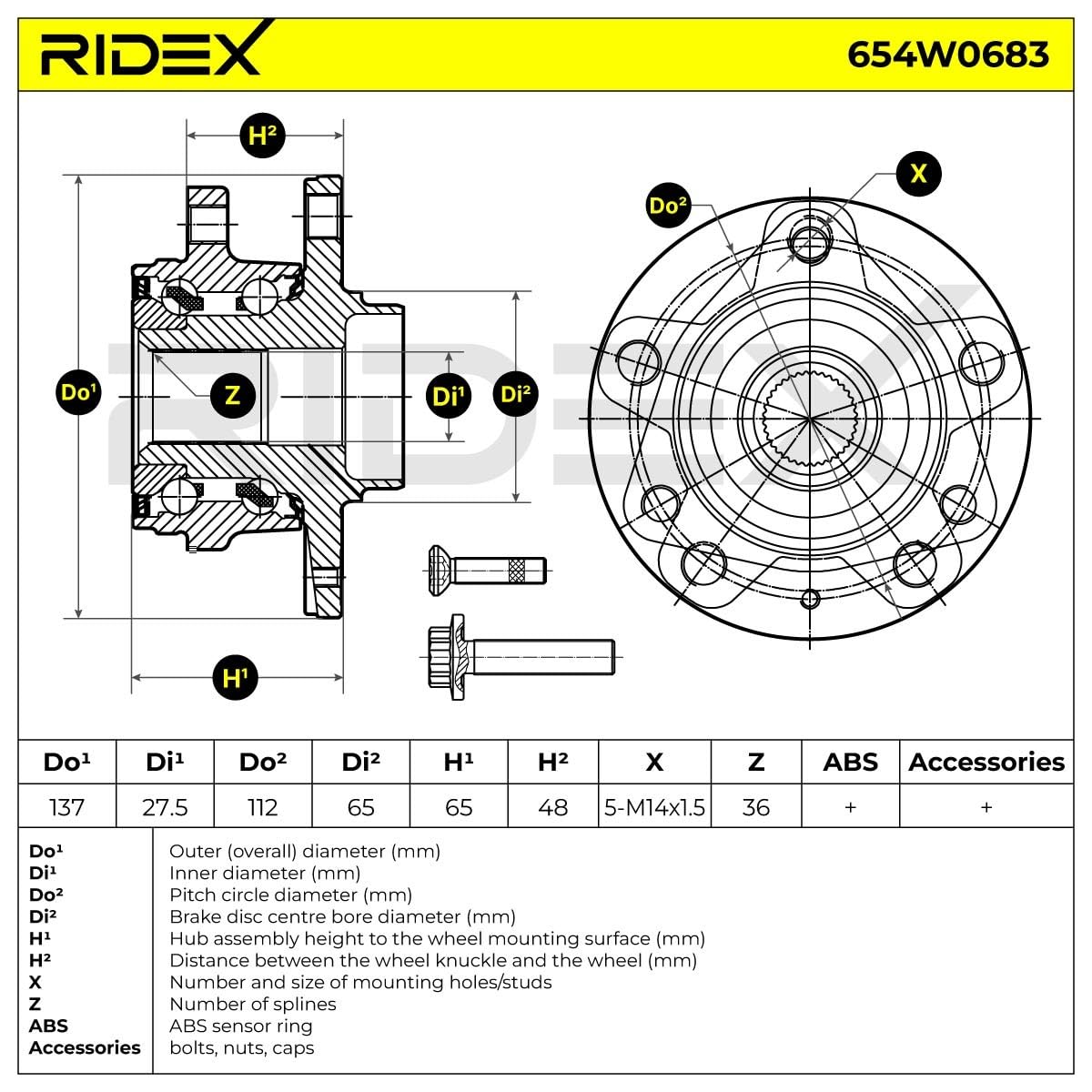 RIDEX 654W0683 Kit de roulement de roue des deux côtés de l'Avant avec moyeu de roue avec vis/boulons Compatible avec VW Golf 7 3/5 portes 5G1, BQ1, BE1, BE2