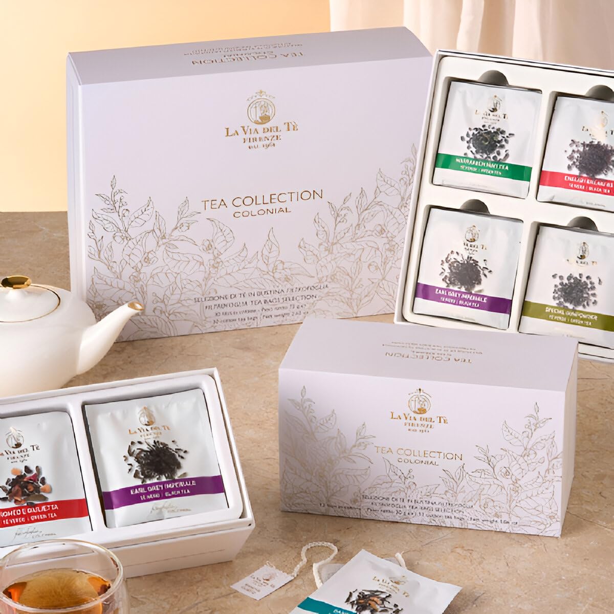 Tisane Colonial Collection - La via del Tè Firenze, Selezione di 30 tisane in bustina - confezione regalo bianca con particolori dorati