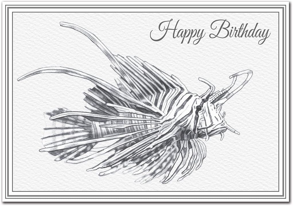 Fish Happy Birthday Wishes for Men and Women. Unique Unisex Fine Art Card for him or her. Quality Giclée Print of a Hand Drawn Lionfish (a Venomous Marine Fish) for sea Life Lovers