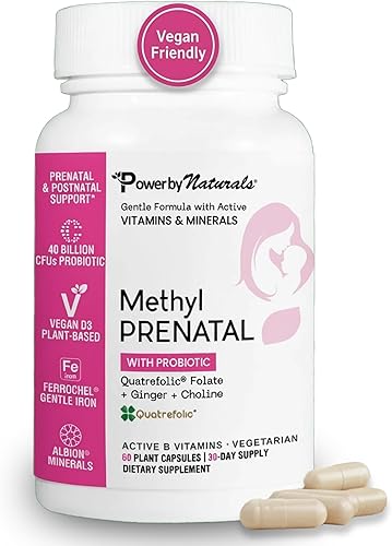 Power By Naturals Metil prenatal con probióticos - Vitaminas prenatales para mujeres con hierro, folato de metilo, jengibre, B12 activo y 27+