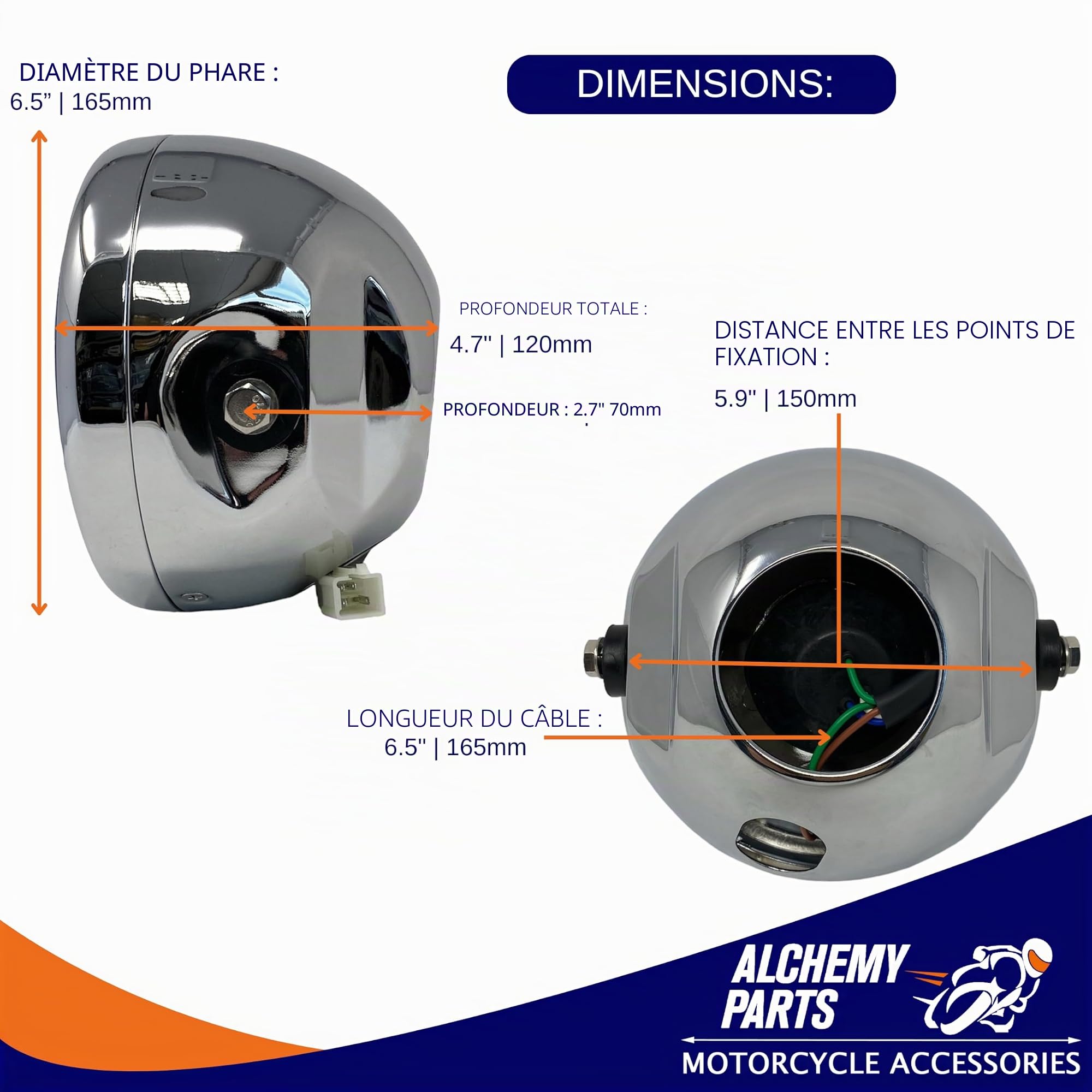 Alchemy Parts Phare pour Moto | Universel | Plein Phare, Croisement et Feu de Position | Diametre 165mm | Roadster | Streetfighter | Café Race (Chromé)