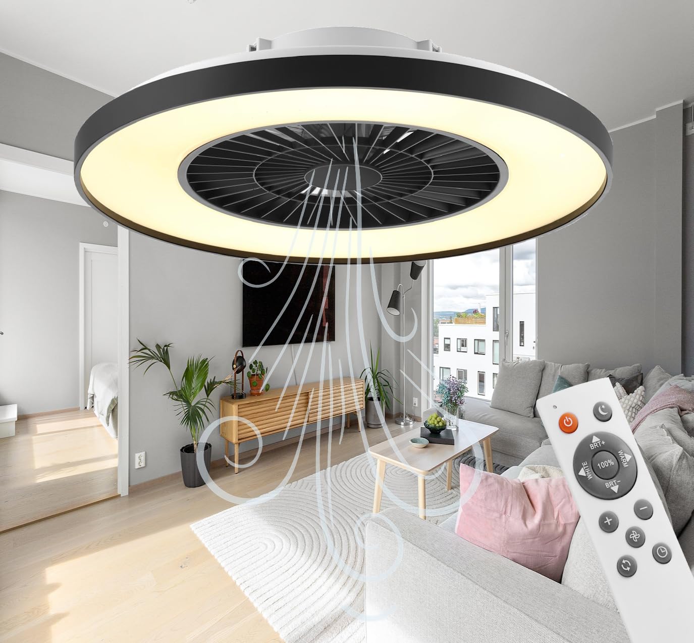 HSL Deckenleuchte mit Ventilator leise Ø 60cm, dimmbar, 4300Lm superhell, Fernbedienung, 24 Geschwindigkeiten, 3000-5500K Lichtfarbe stufenlos einstellbar