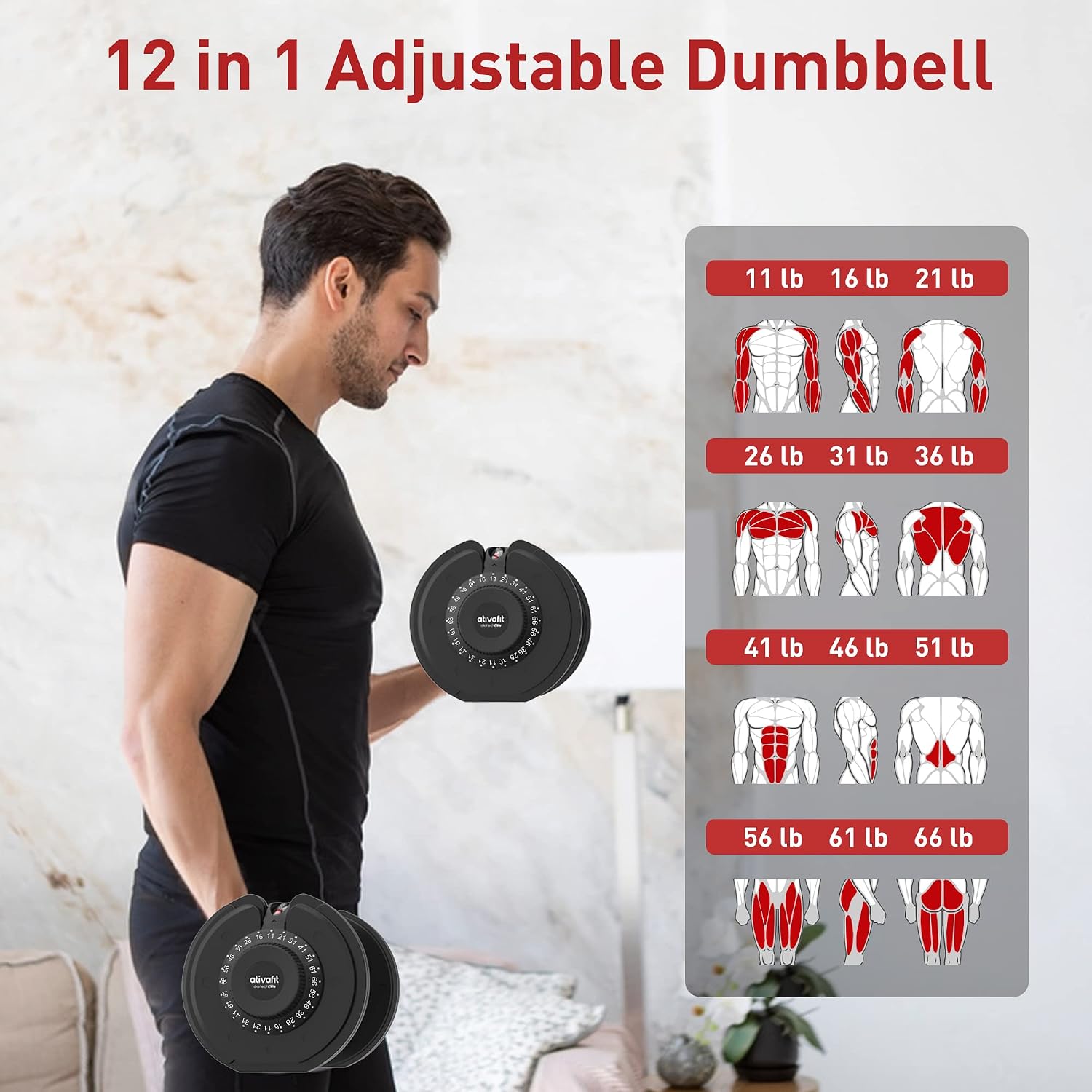 ATIVAFIT Adjustable Dumbbell Set Free Weights Dumbbell Multiweight Options for Men Women Full Body Workout Fitness Home Gym